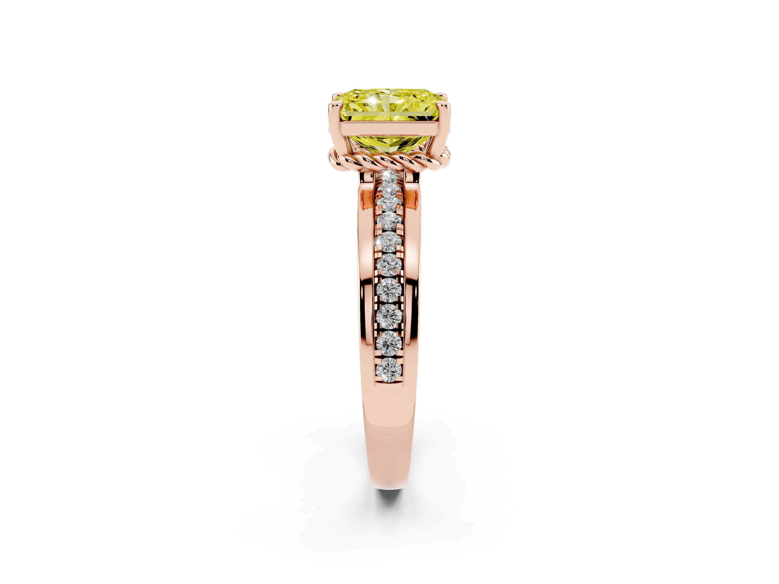 Fancy Yellow Radiant Cut Diamond Solitaire Ring Set in Rose gold with Channel Set Band and Prong Setting