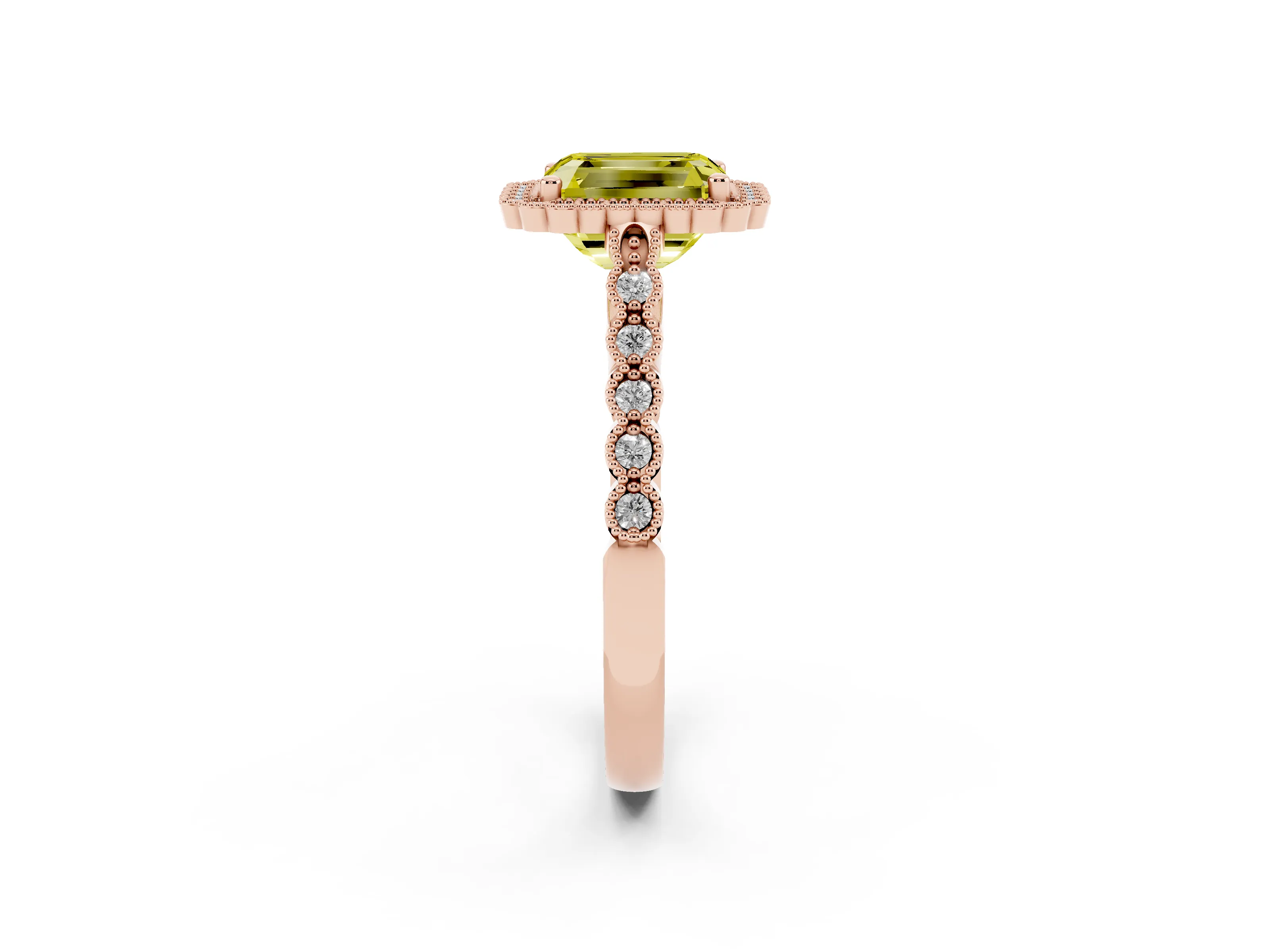 Fancy Yellow Radiant Cut Diamond Halo Ring Set in Rose gold with Pavé Milgrain Band