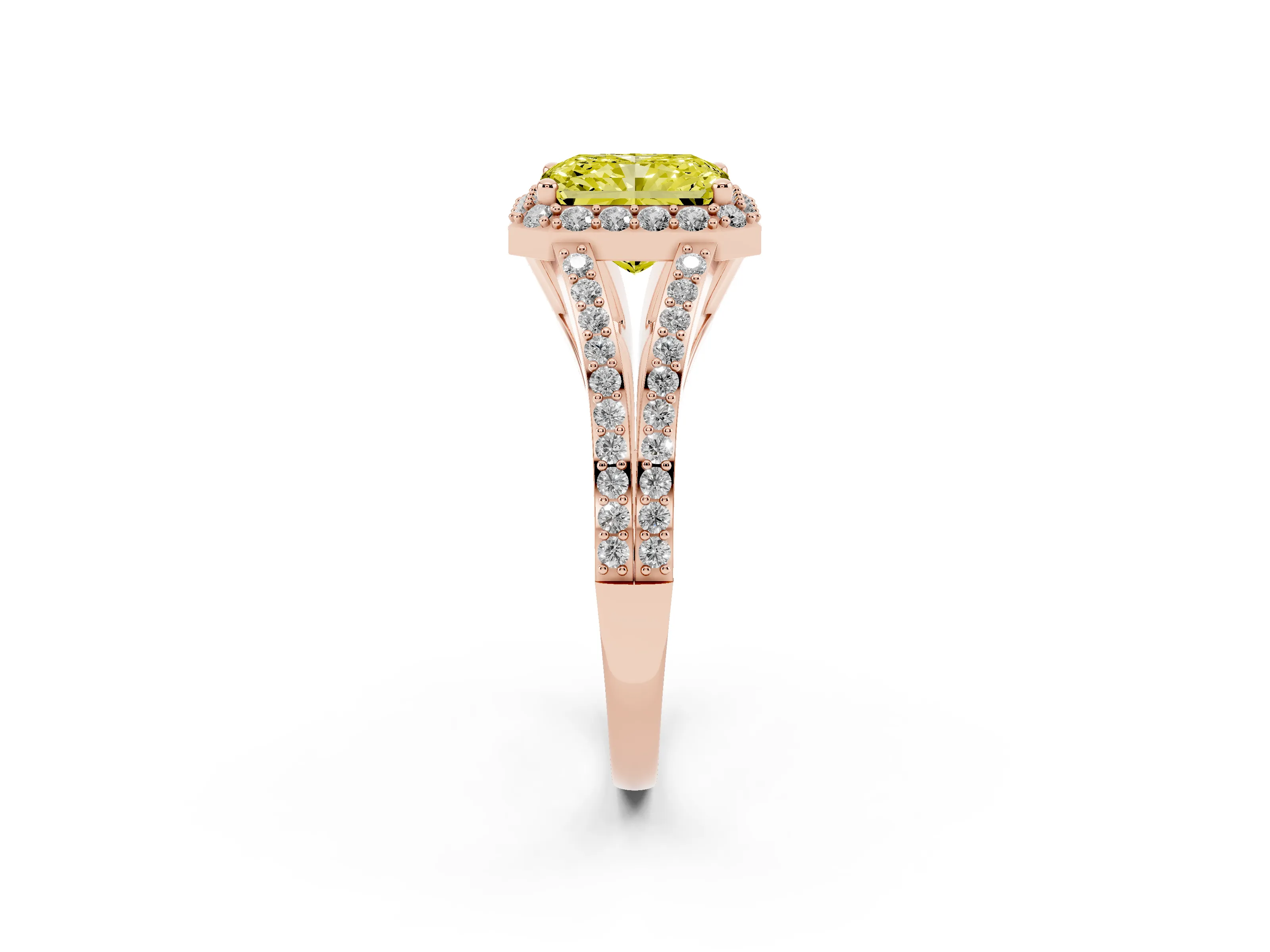 Fancy Yellow Radiant Cut Diamond Halo Split Shank Pavé Ring Set in Rose gold with Prong Setting