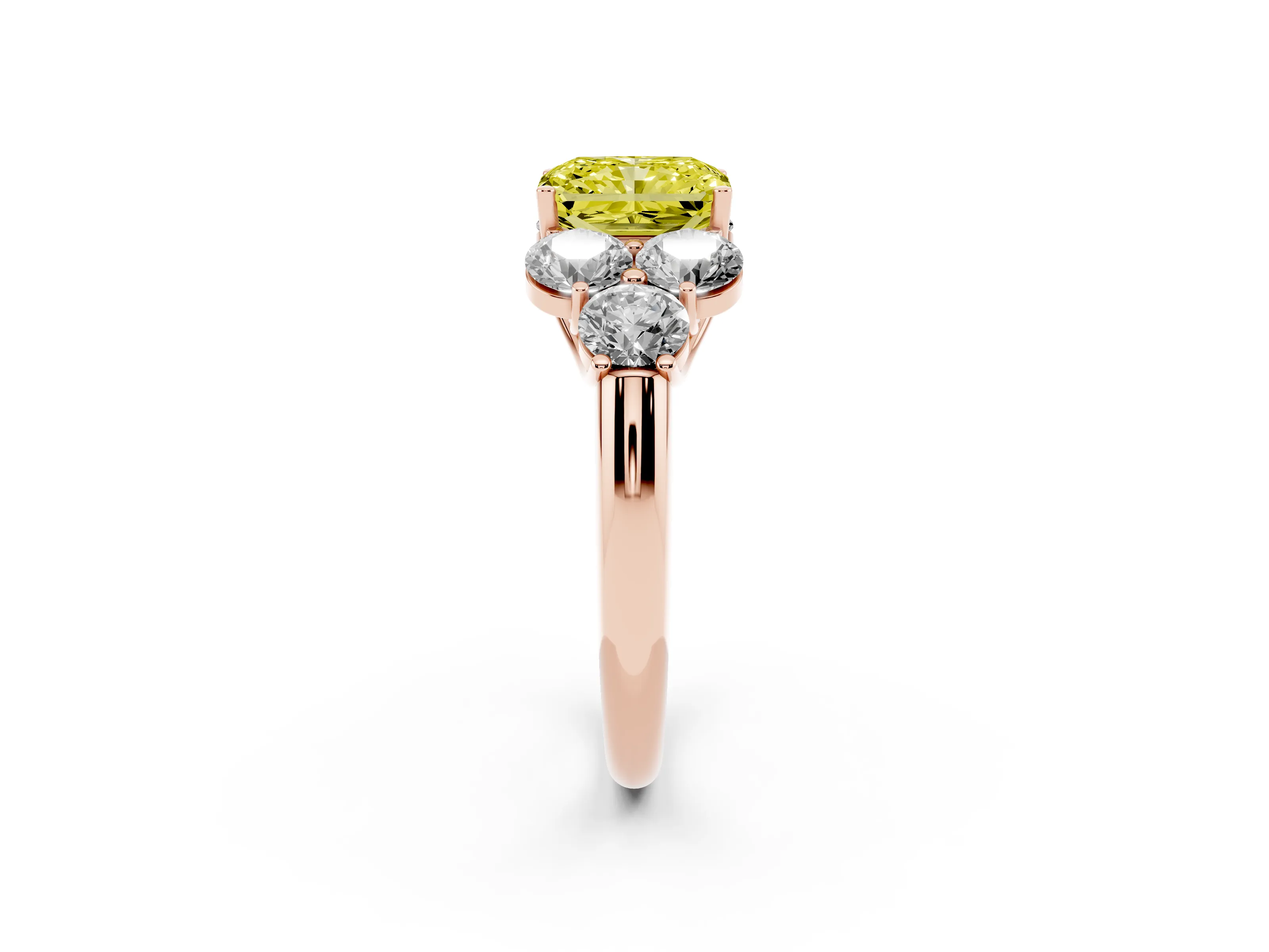 Fancy Yellow Radiant Cut Diamond Cluster Ring Set in Rose gold with Round Accent Stones and Prong Setting on a Plain Band