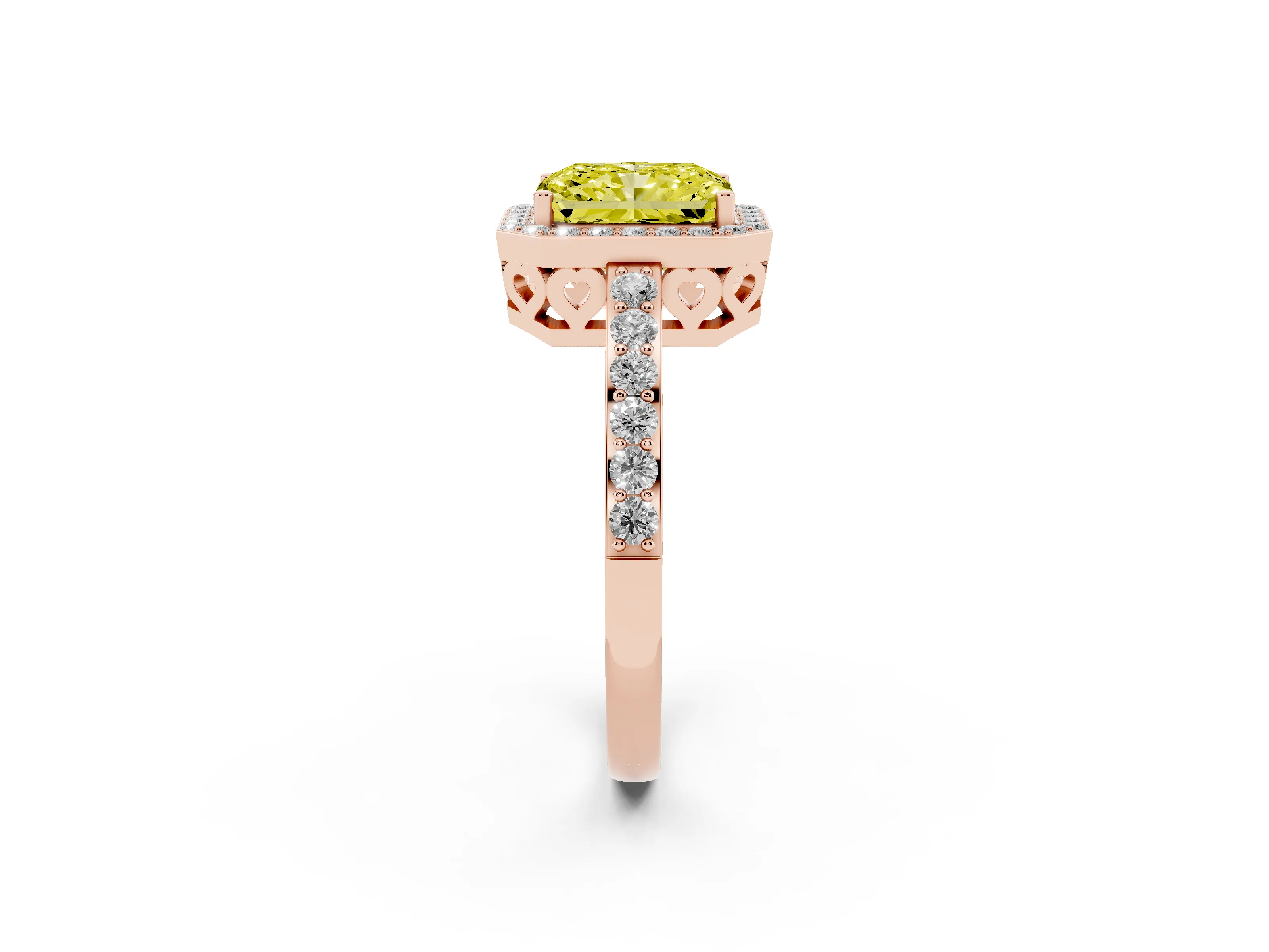 Fancy Yellow Radiant Cut Diamond Halo Ring Set in Rose gold with Pavé-Setting Band and Open Prong Center