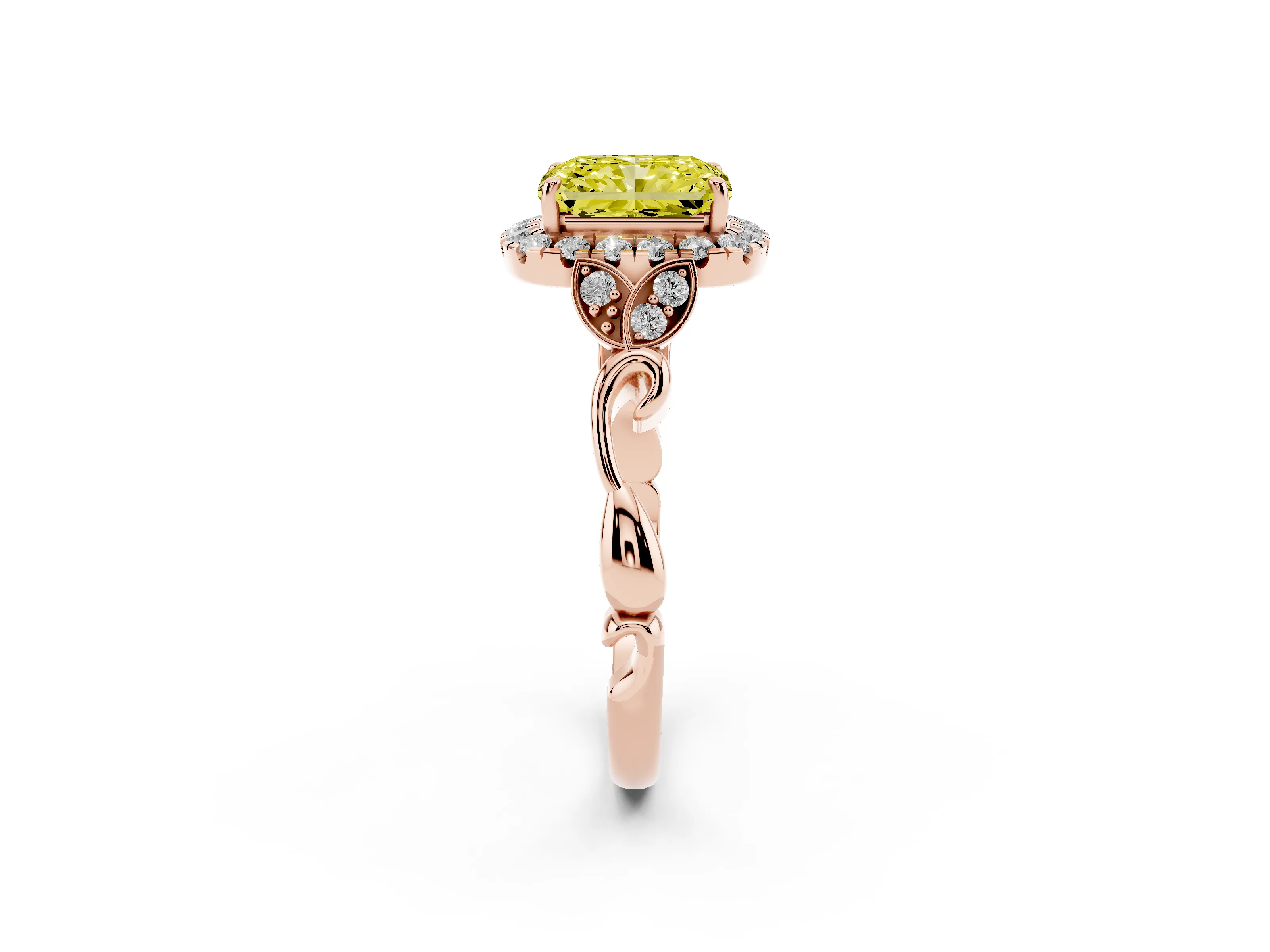 Fancy Yellow Radiant Cut Diamond Halo Engagement Ring Set in Rose gold with Vintage-Inspired Band and Prong Setting