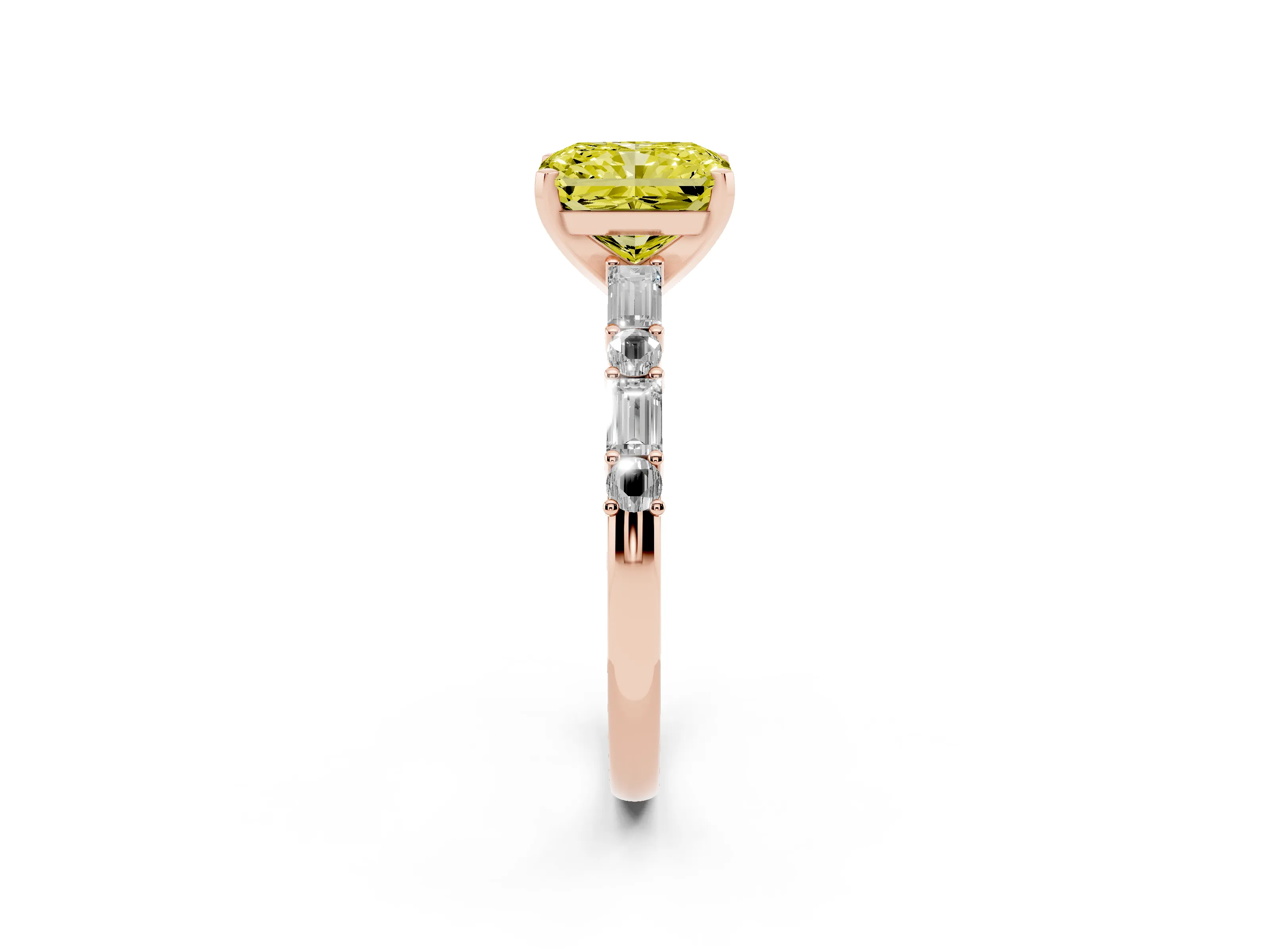 Fancy Yellow Radiant Cut Diamond Solitaire Set in Rose gold with Side Baguettes and Channel Set Band