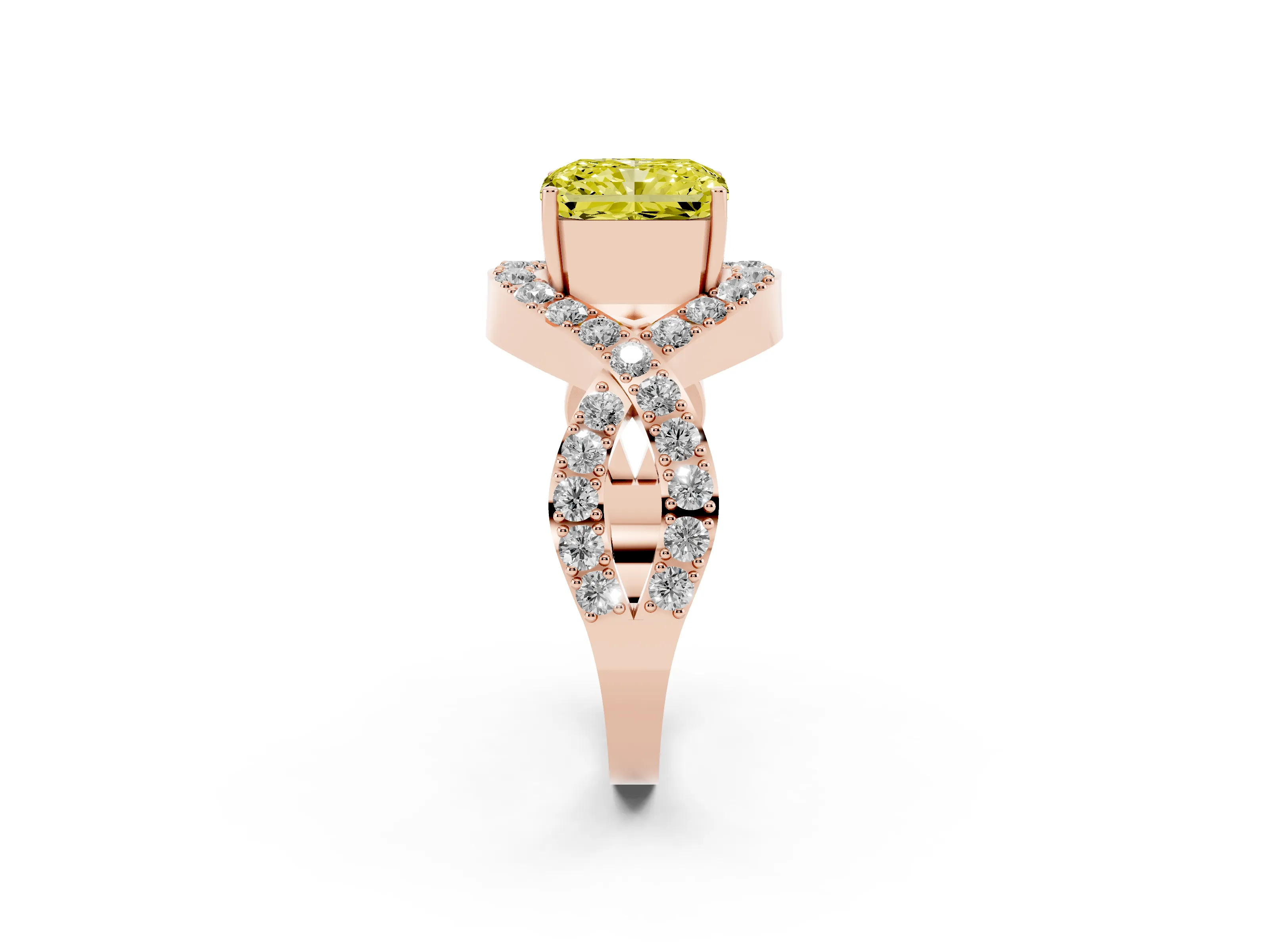 Fancy Yellow Radiant Cut Diamond Solitaire Twist Band Pavé Engagement Ring Set in Rose gold