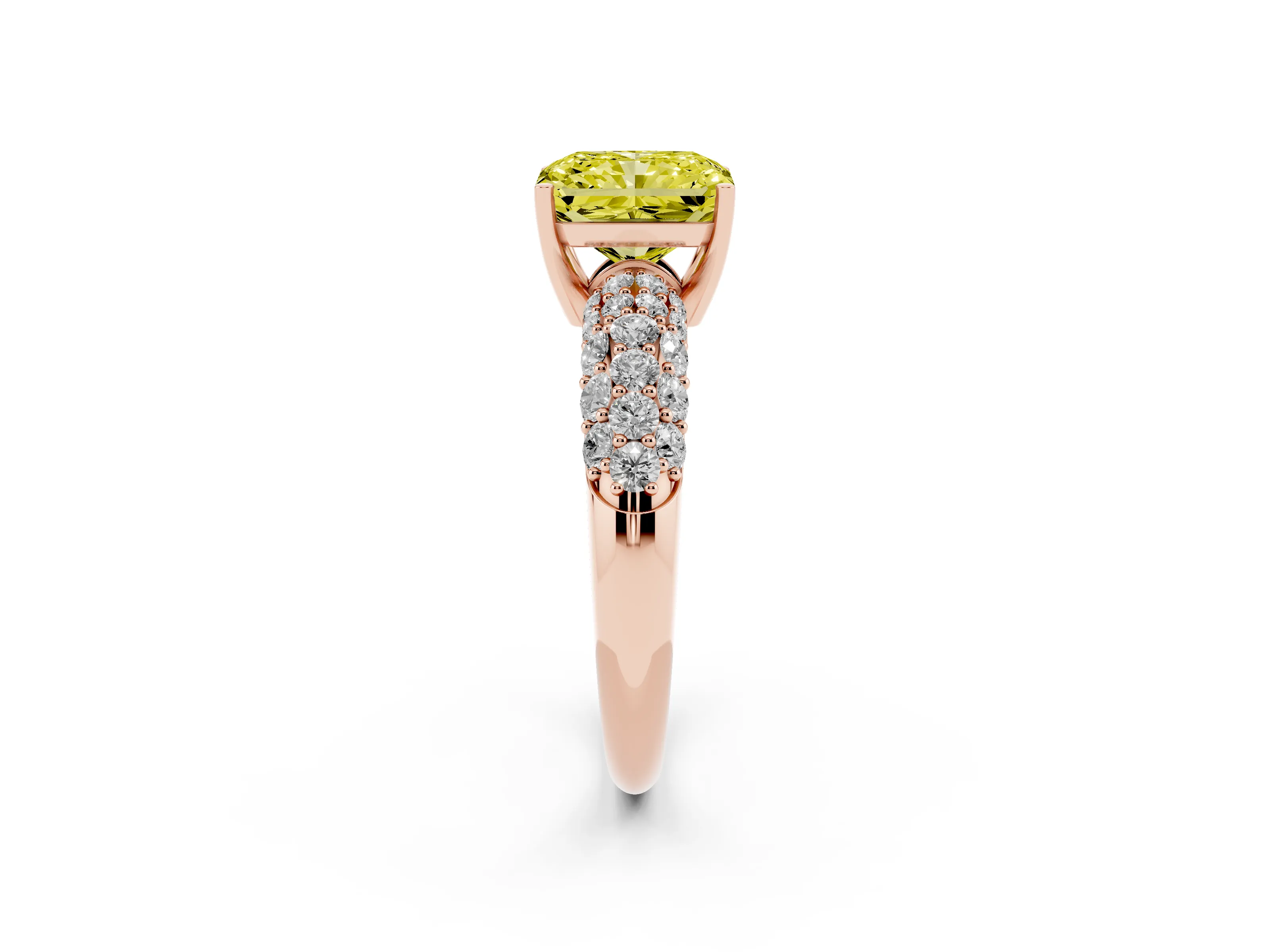 Fancy Yellow Radiant Cut Diamond Pavé Band Solitaire Ring Set in Rose gold with Close-Set Accent Stones and Prong Setting