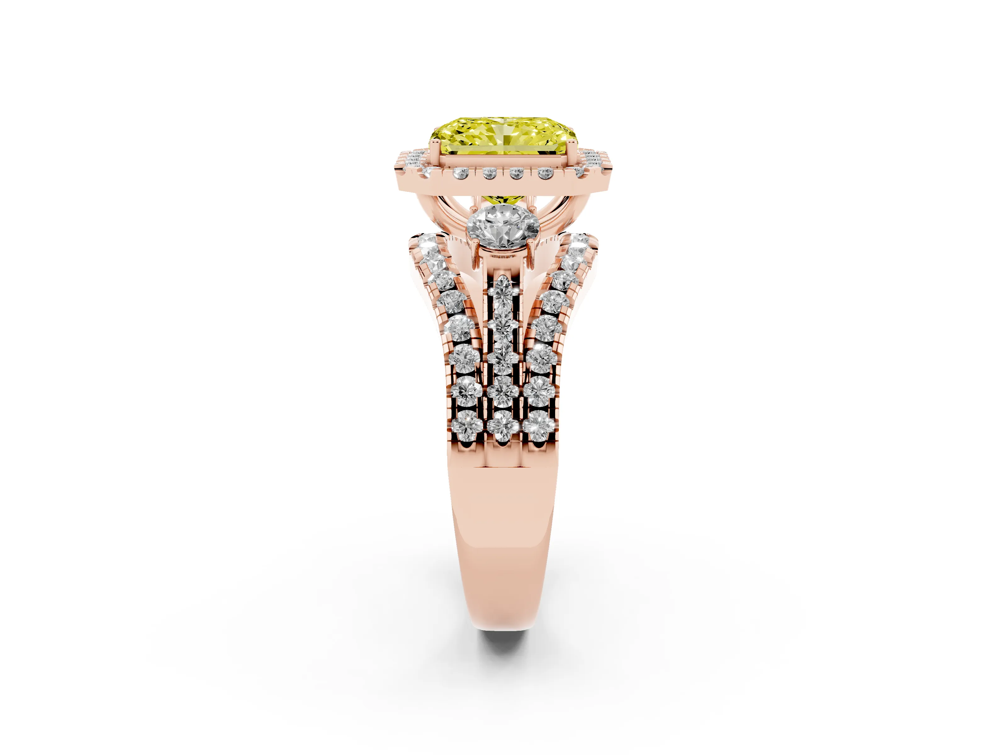 Fancy Yellow Radiant Cut Diamond Halo Split Shank Ring Set in Rose gold with Round Accent Stones and Prong Setting