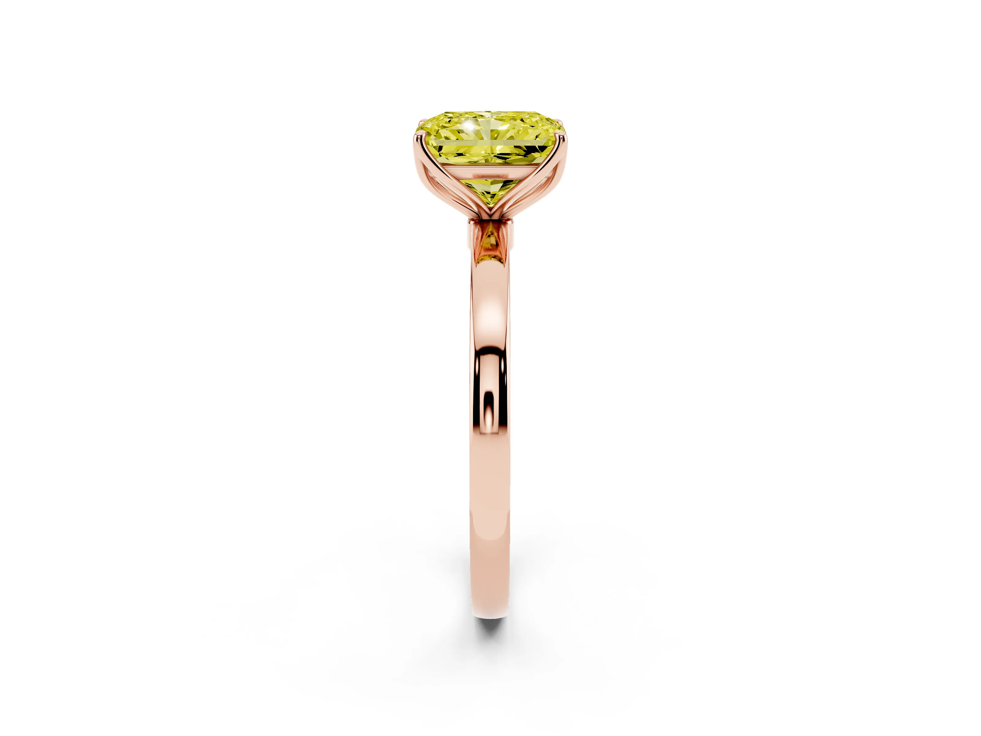 Fancy Yellow Radiant Cut Diamond Solitaire Ring Set in Rose gold with Prong Setting and Thin Polished Band