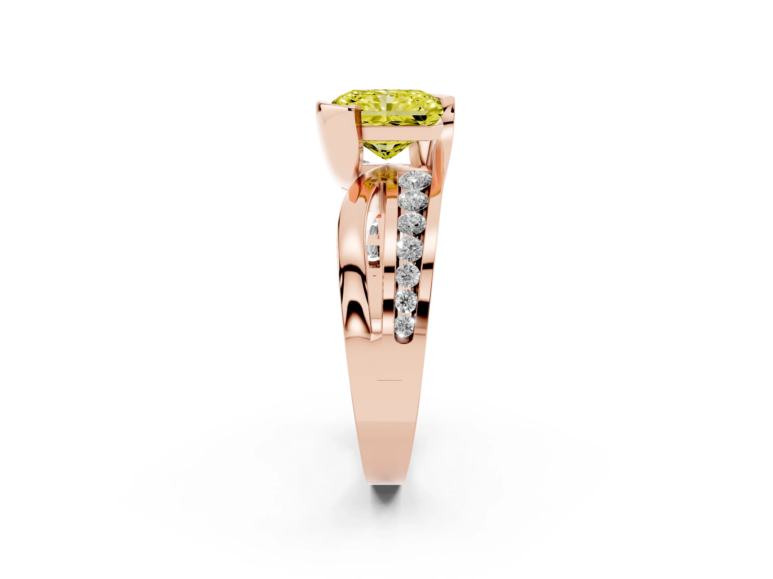 Fancy Yellow Radiant Cut Diamond Solitaire Ring Set in Rose gold with Channel Set Split Shank and Tension Prongs