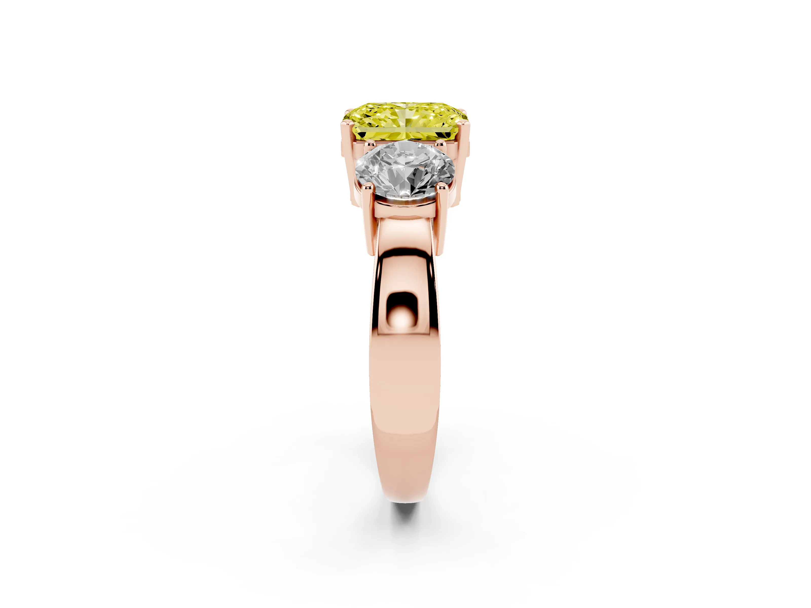 Fancy Yellow Radiant Cut Diamond Three-Stone Ring Set in Rose gold with Round Side Stones and Classic Band