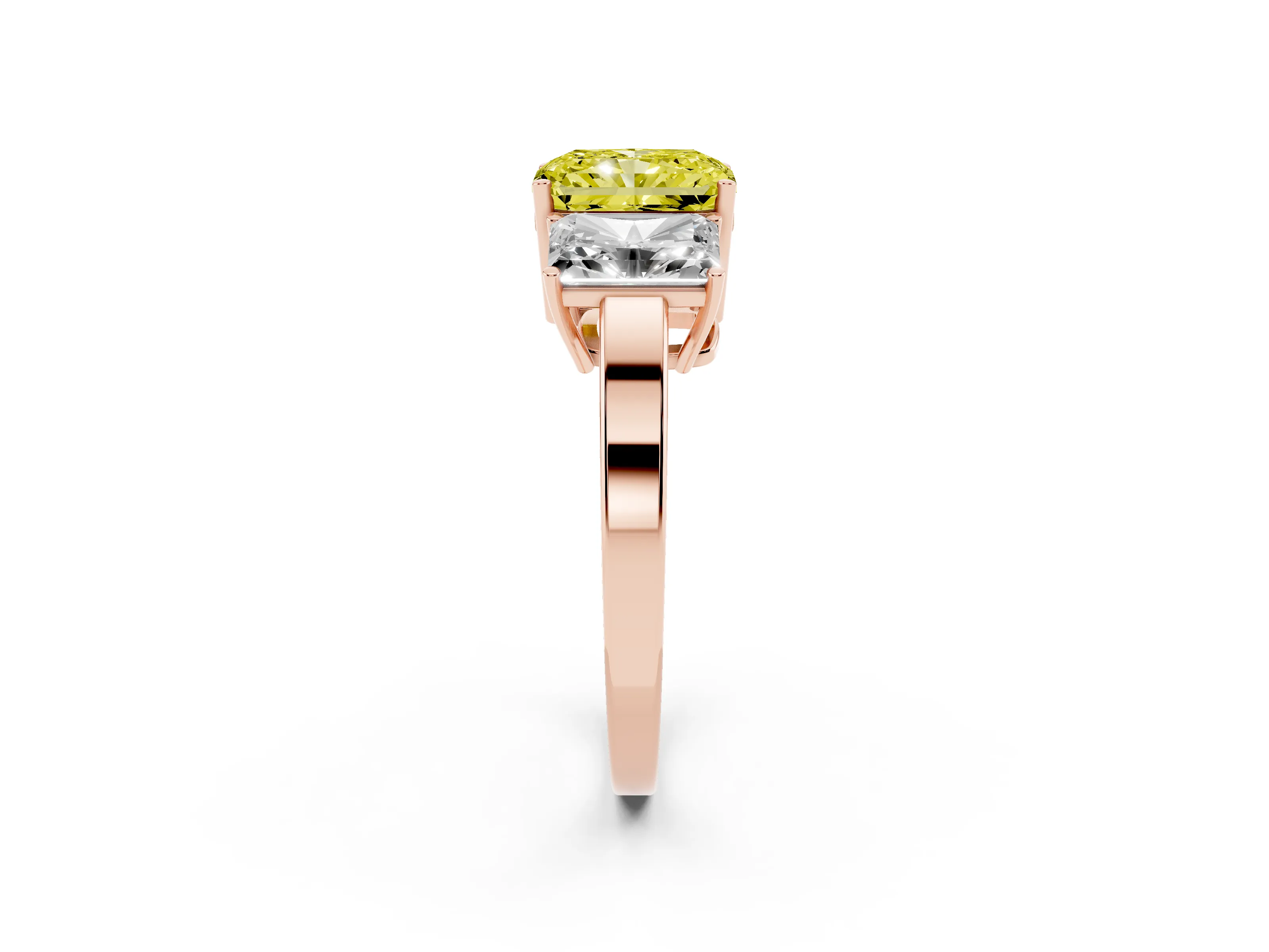 Fancy Yellow Radiant Cut Diamond Three-Stone Engagement Ring Set in Rose gold with Flat Band