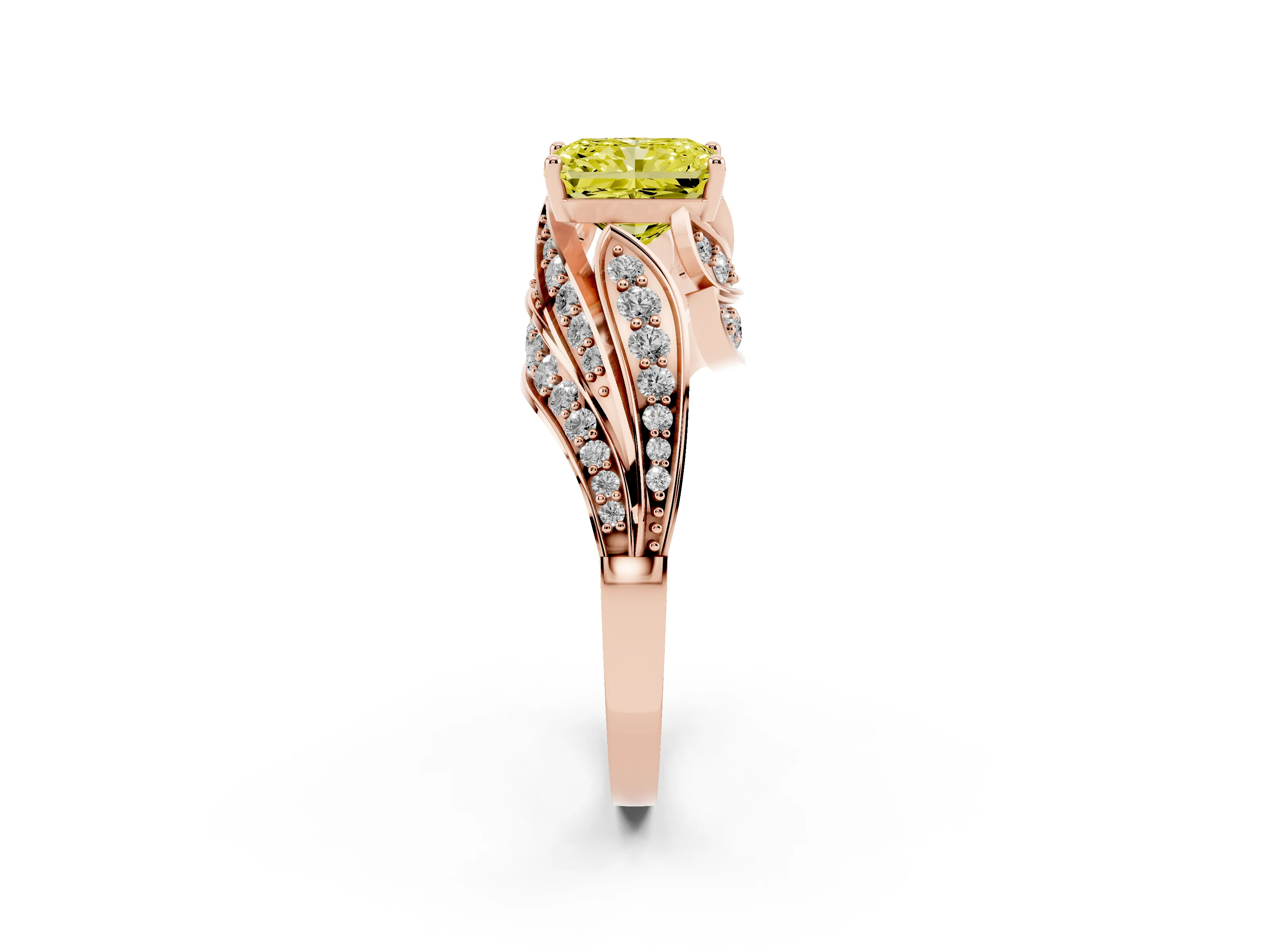 Fancy Yellow Radiant Cut Diamond Solitaire Ring Set in Rose gold with Layered Twist Pavé Band