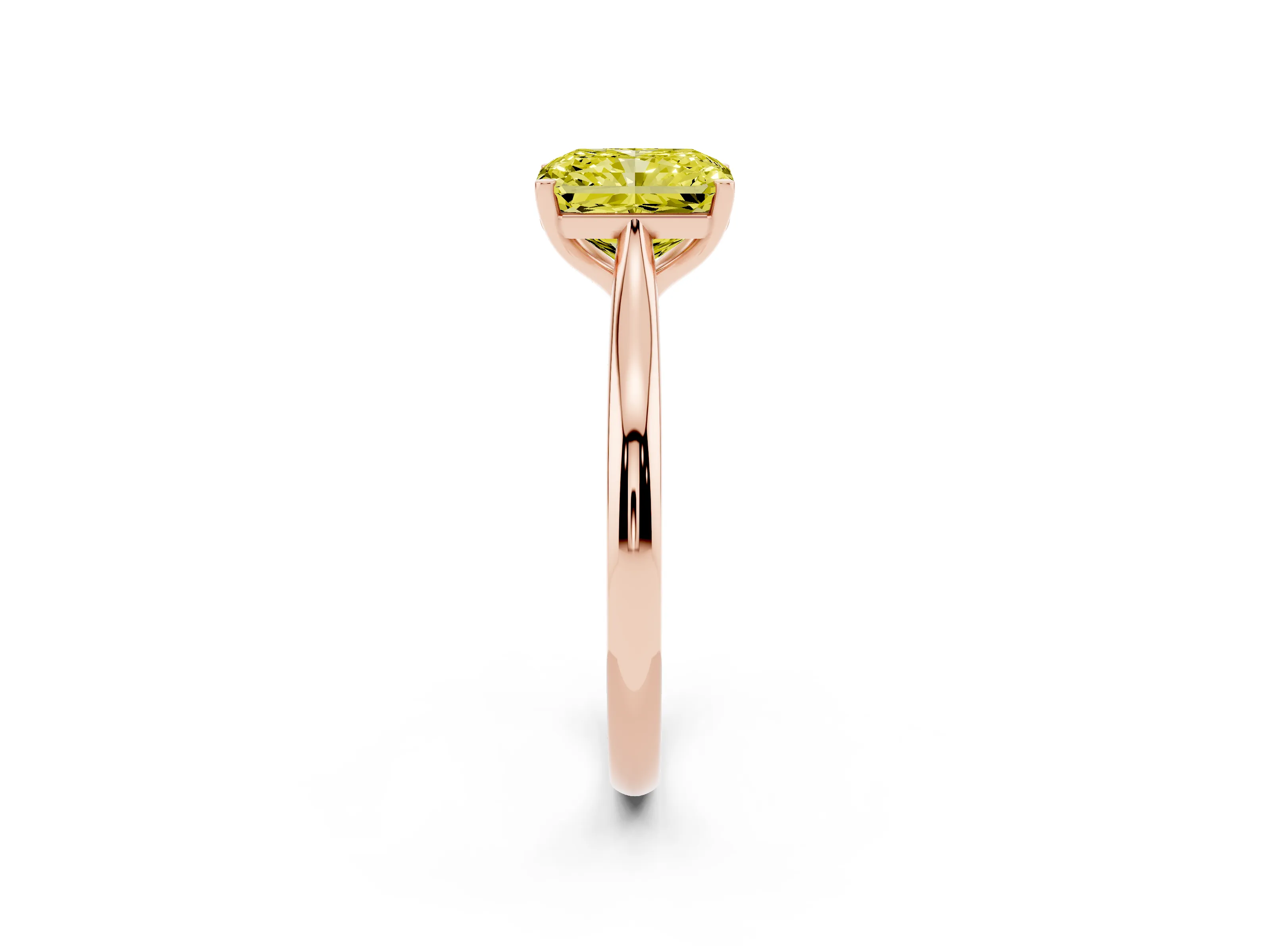 Fancy Yellow Radiant Cut Diamond Solitaire Ring Set in Rose gold with Cathedral Band and Prong Setting