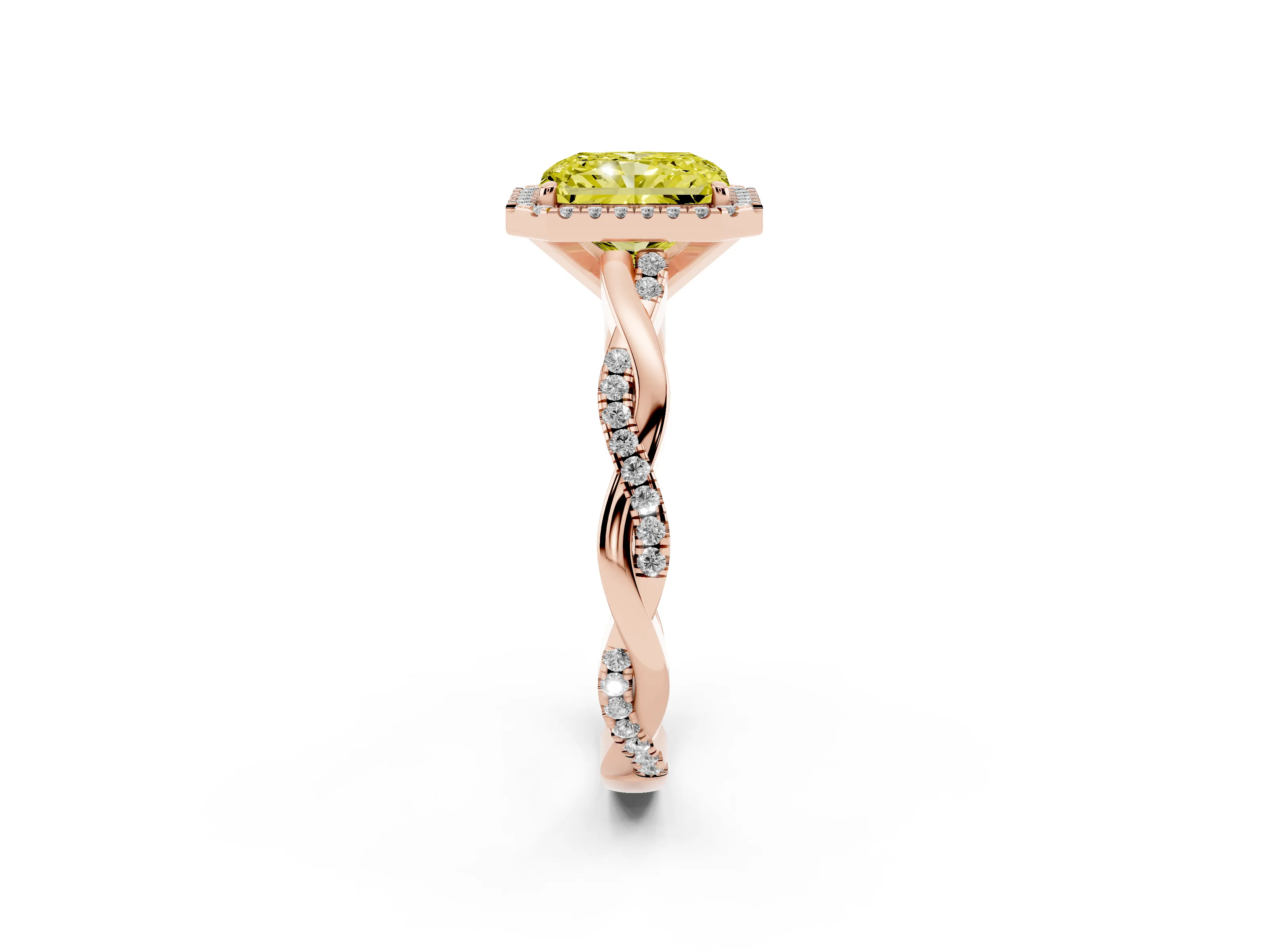 Fancy Yellow Radiant Cut Diamond Halo Twisted Band Ring Set in Rose gold with Prong Setting
