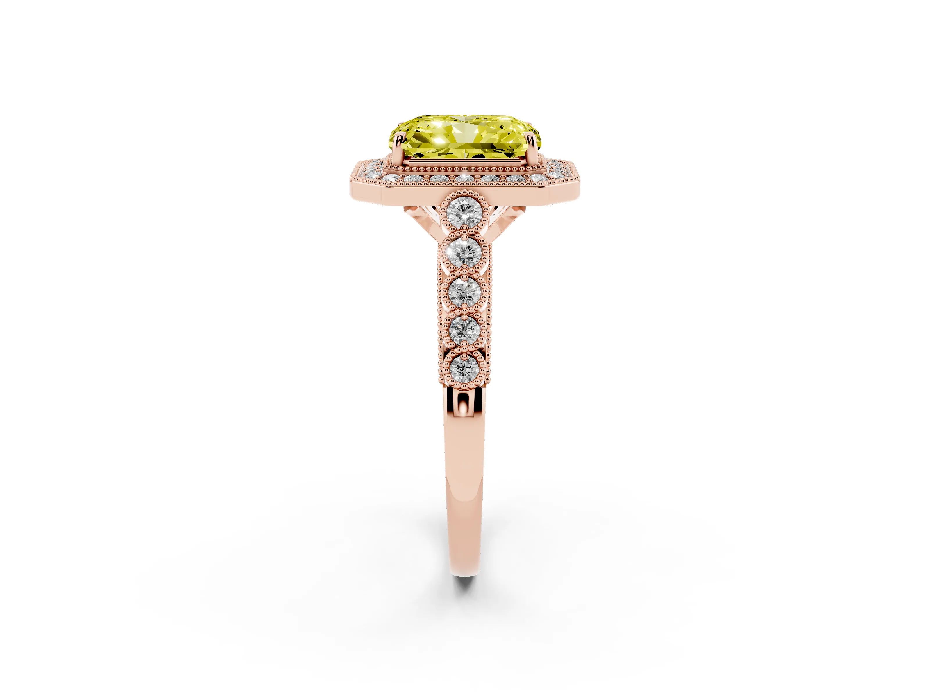 Fancy Yellow Radiant Cut Diamond Milgrain Halo Solitaire Ring Set in Rose gold with Bezel Set Side Stones and Pavé Band