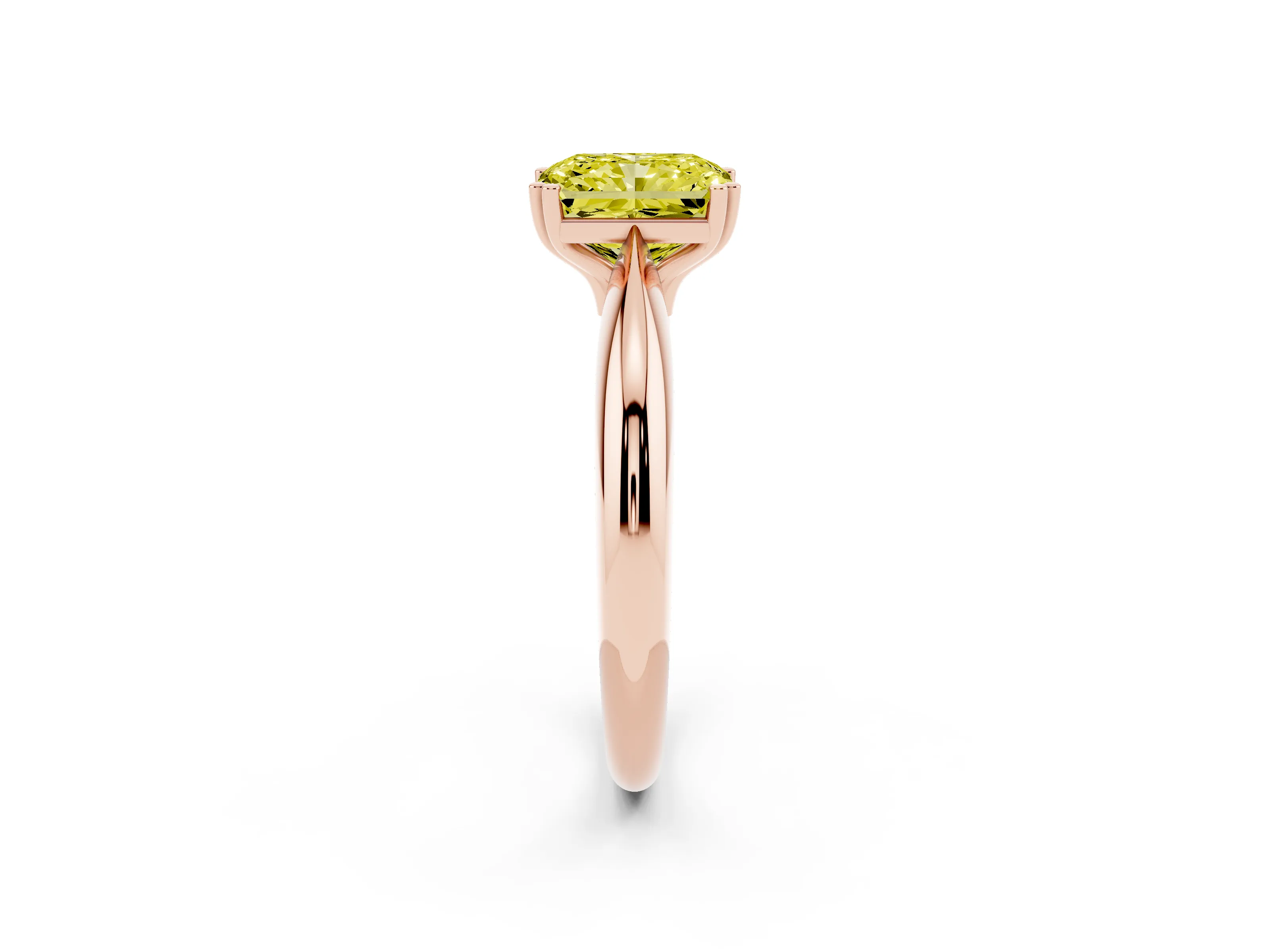 Fancy Yellow Radiant Cut Diamond Solitaire Engagement Ring Set in Rose gold with Tapered Band and Prong Setting