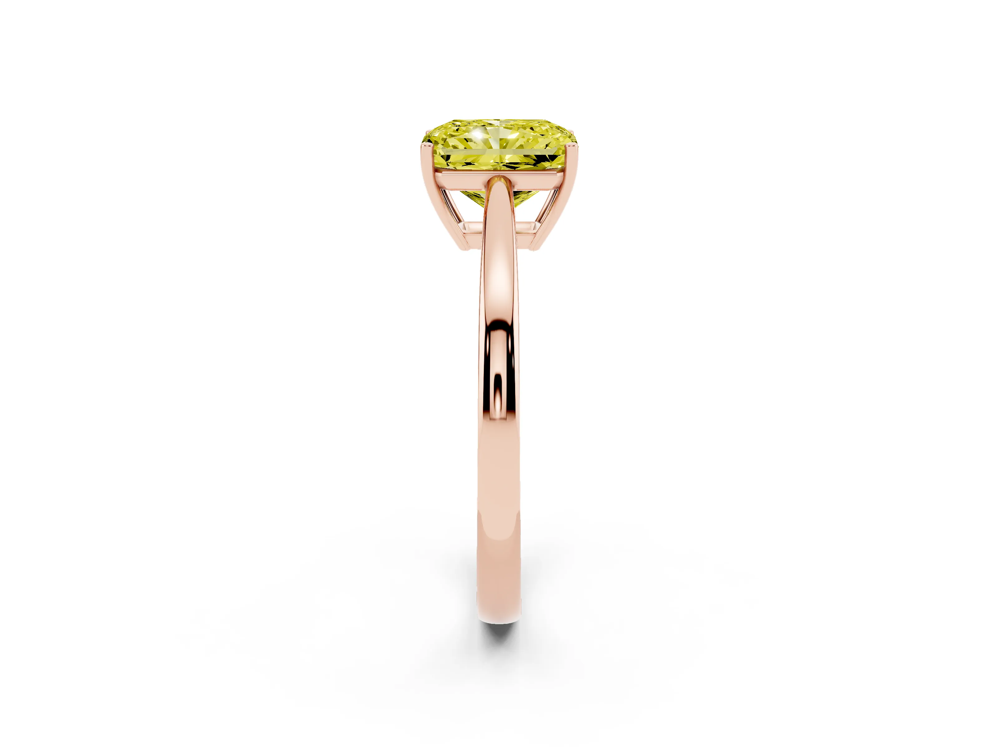 Fancy Yellow Radiant Cut Diamond Solitaire Ring Set in Rose gold with Split Shank and Prong Setting