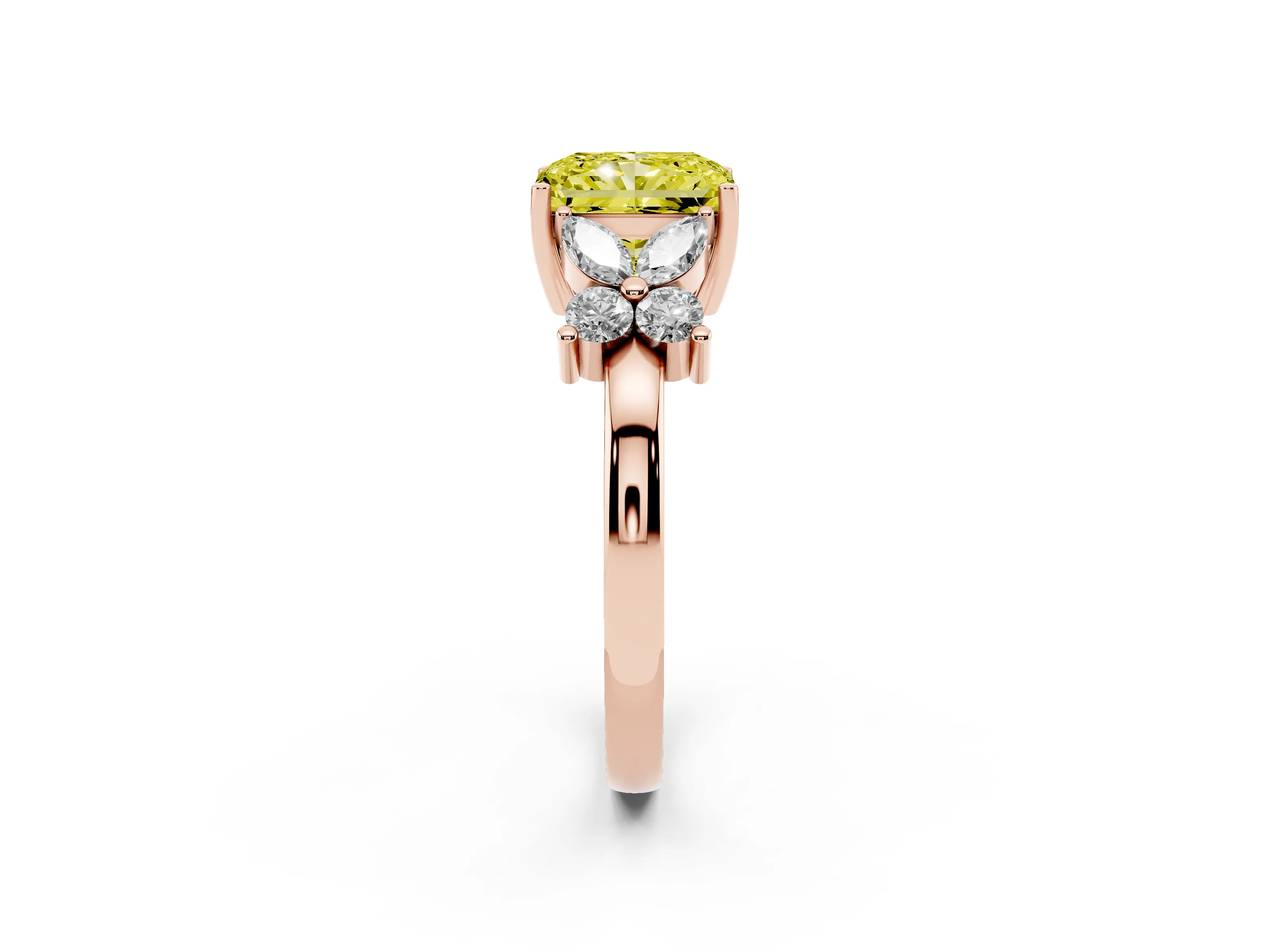 Fancy Yellow Radiant Cut Diamond Floral Cluster Ring Set in Rose gold with Marquise Petals and Prong Setting