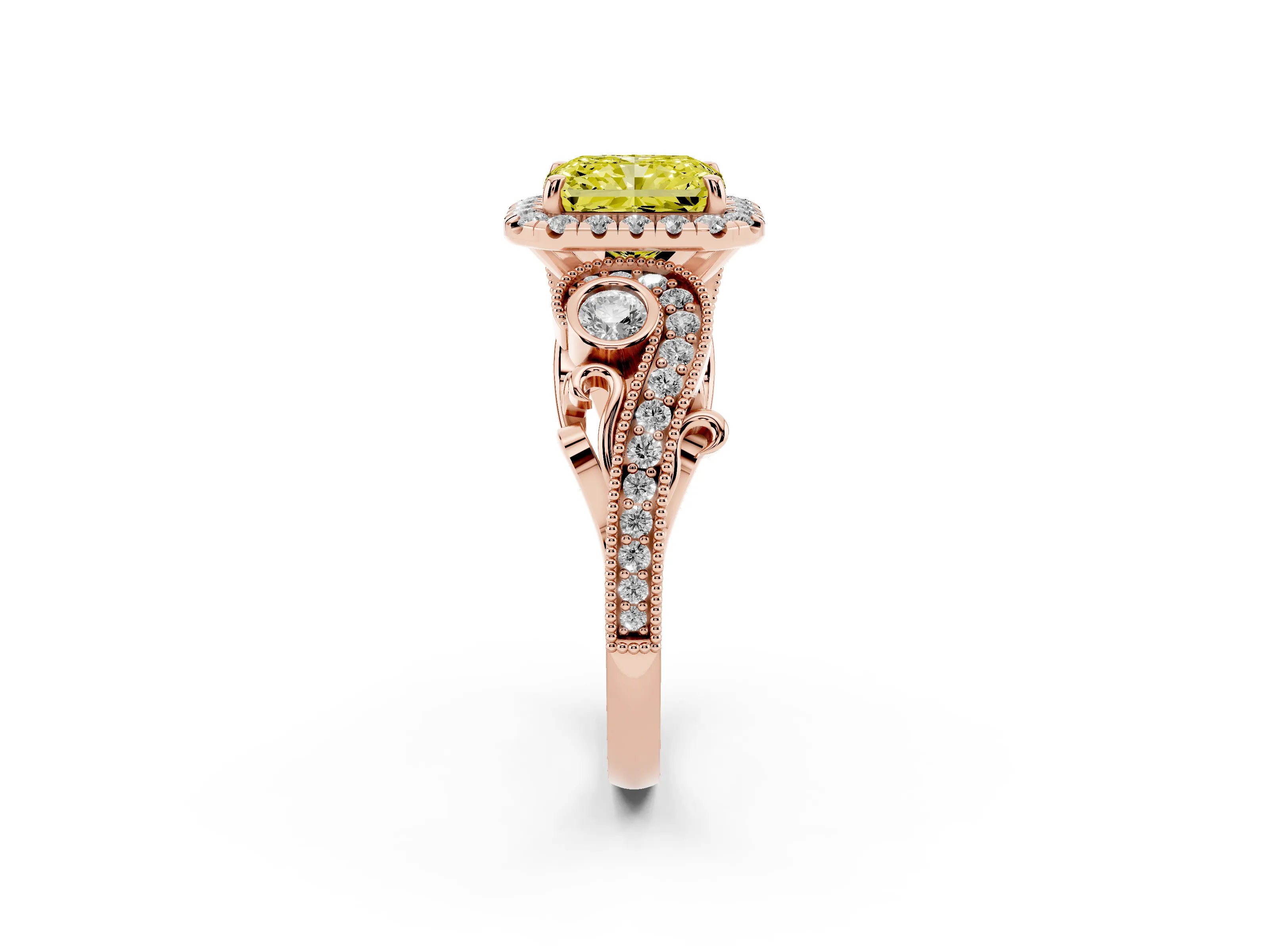 Fancy Yellow Radiant Cut Diamond Halo Ring Set in Rose gold with Milgrain Pavé Band and Prong Setting