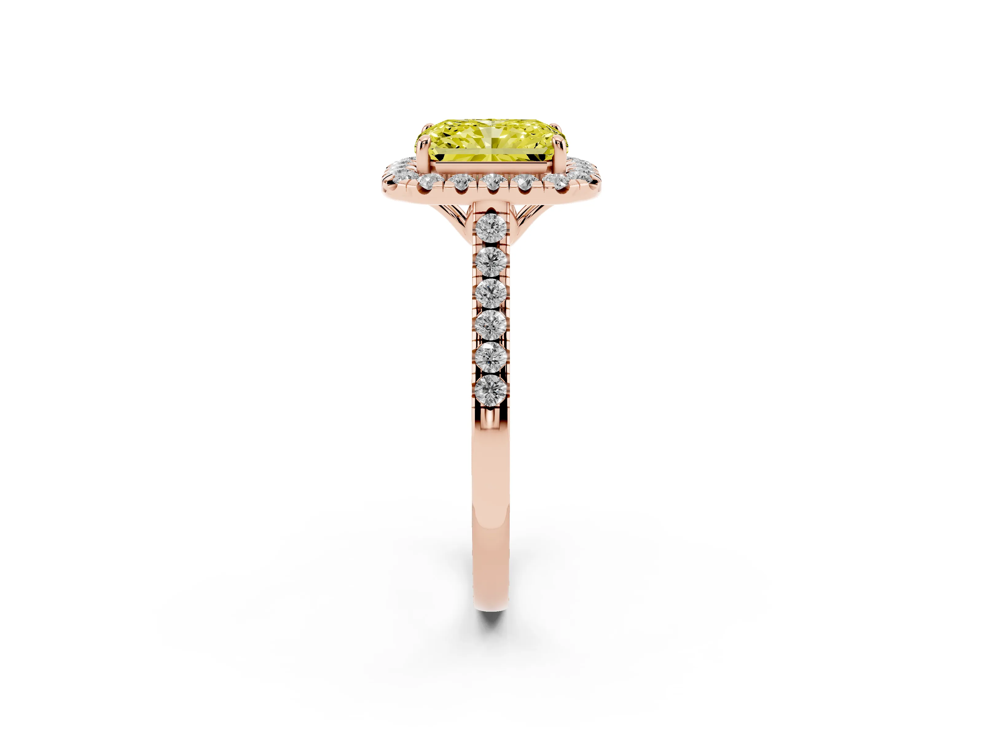 Fancy Yellow Radiant Cut Diamond Pavé Halo Engagement Ring Set in Rose gold with Pavé Band and Prong Setting