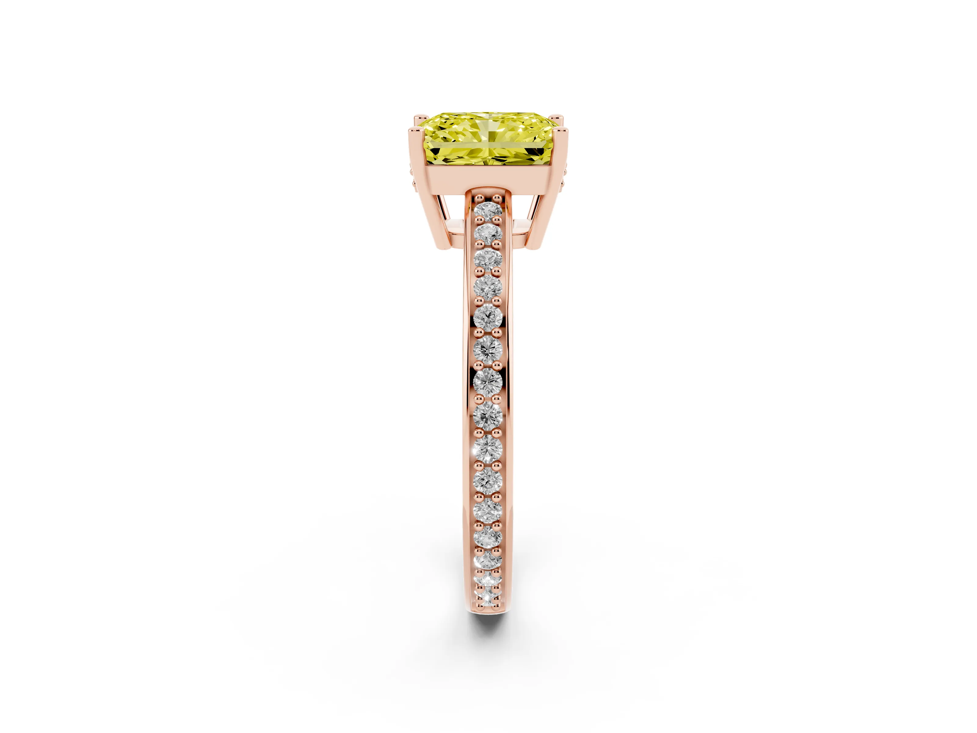 Fancy Yellow Radiant Cut Diamond Pavé Band Prong Set Solitaire Ring Set in Rose gold