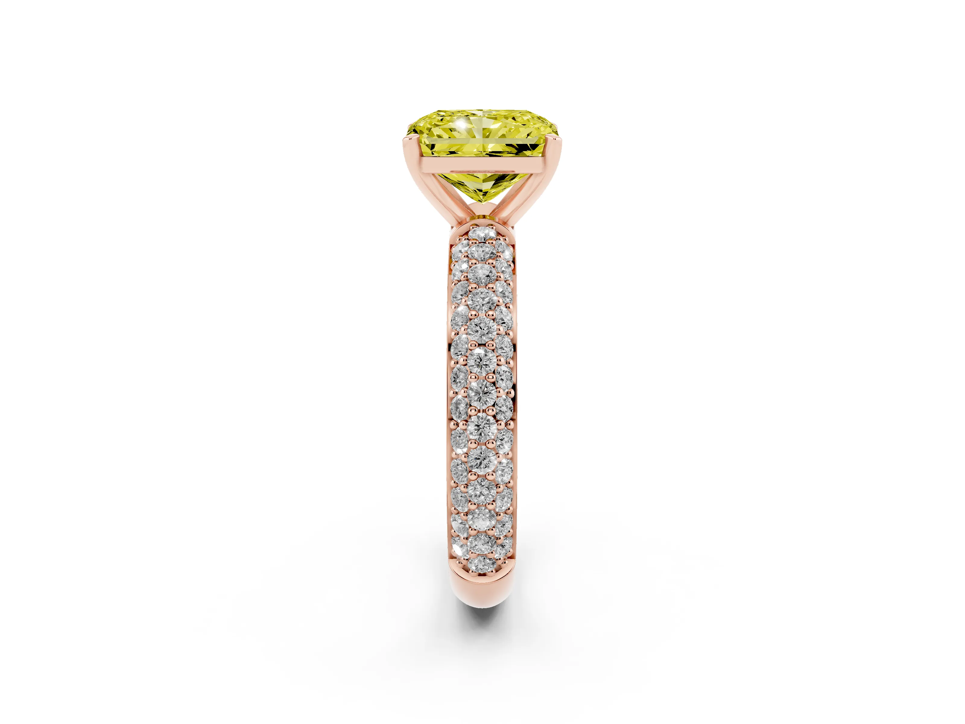 Fancy Yellow Radiant Cut Diamond Solitaire Ring Set in Rose gold with Prong Setting and Pavé-Set Band