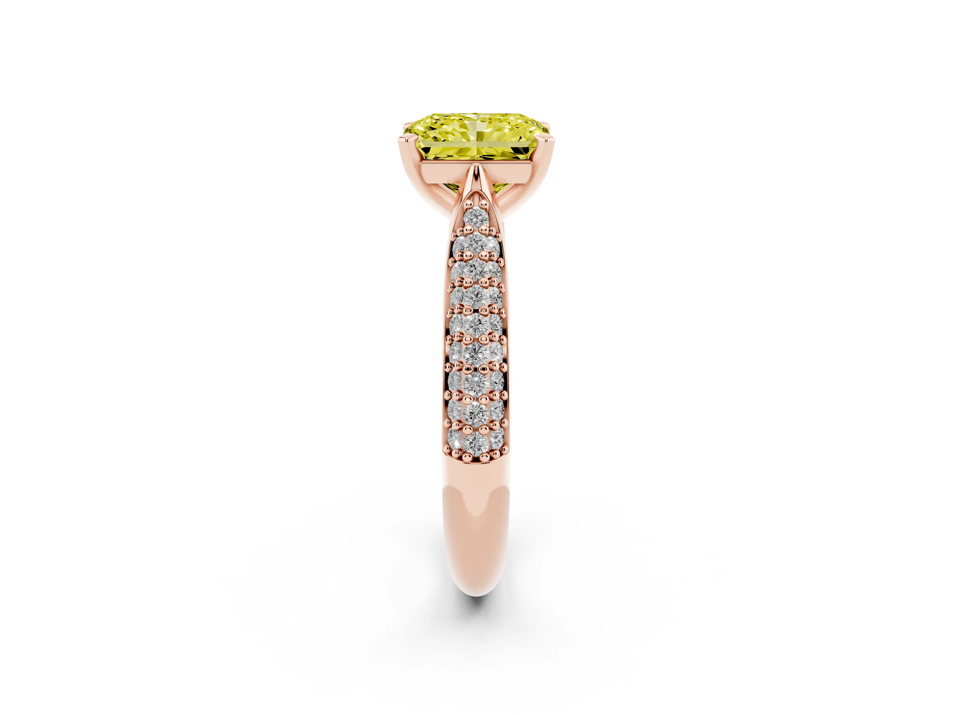Fancy Yellow Radiant Cut Diamond Solitaire Engagement Ring Set in Rose gold with Multi-Row Round Pavé Band and Prong Setting