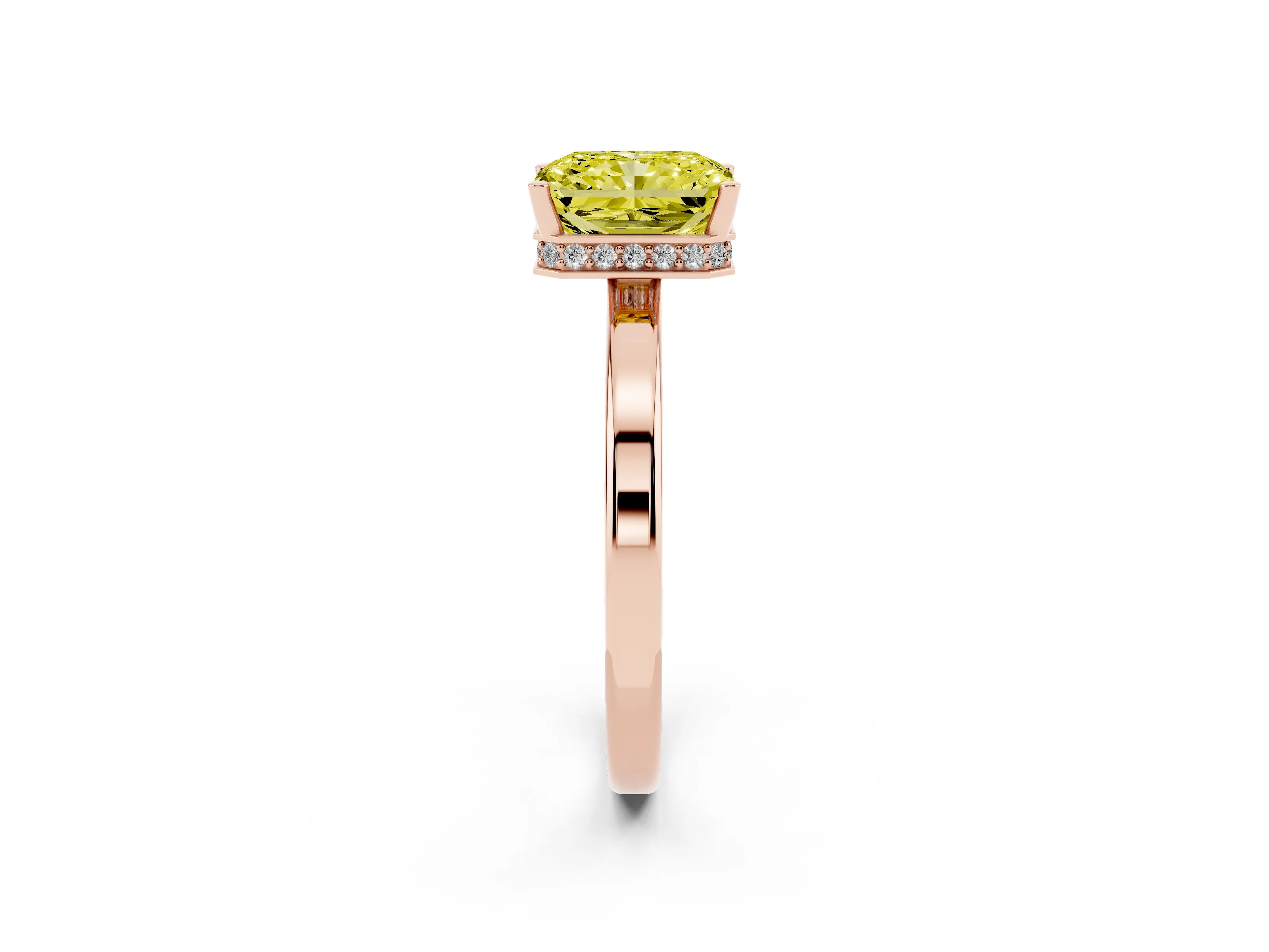 Fancy Yellow Radiant Cut Diamond Solitaire Engagement Ring Set in Rose gold with Prong Setting on a Plain Band