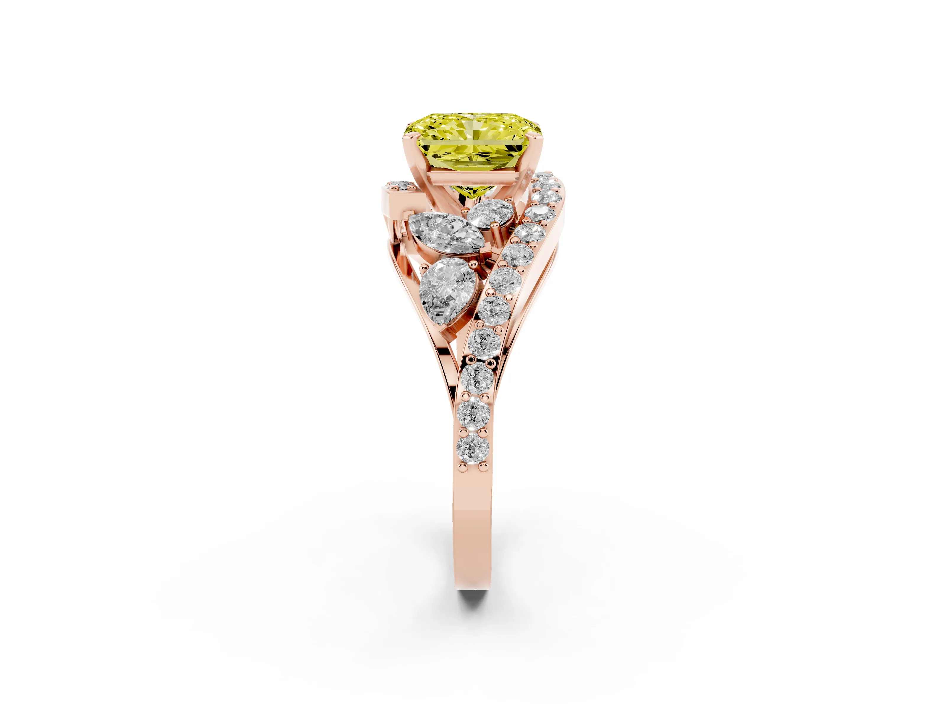 Fancy Yellow Radiant Cut Diamond Halo Ring Set in Rose gold with Marquise and Pavé Band in Prong Setting