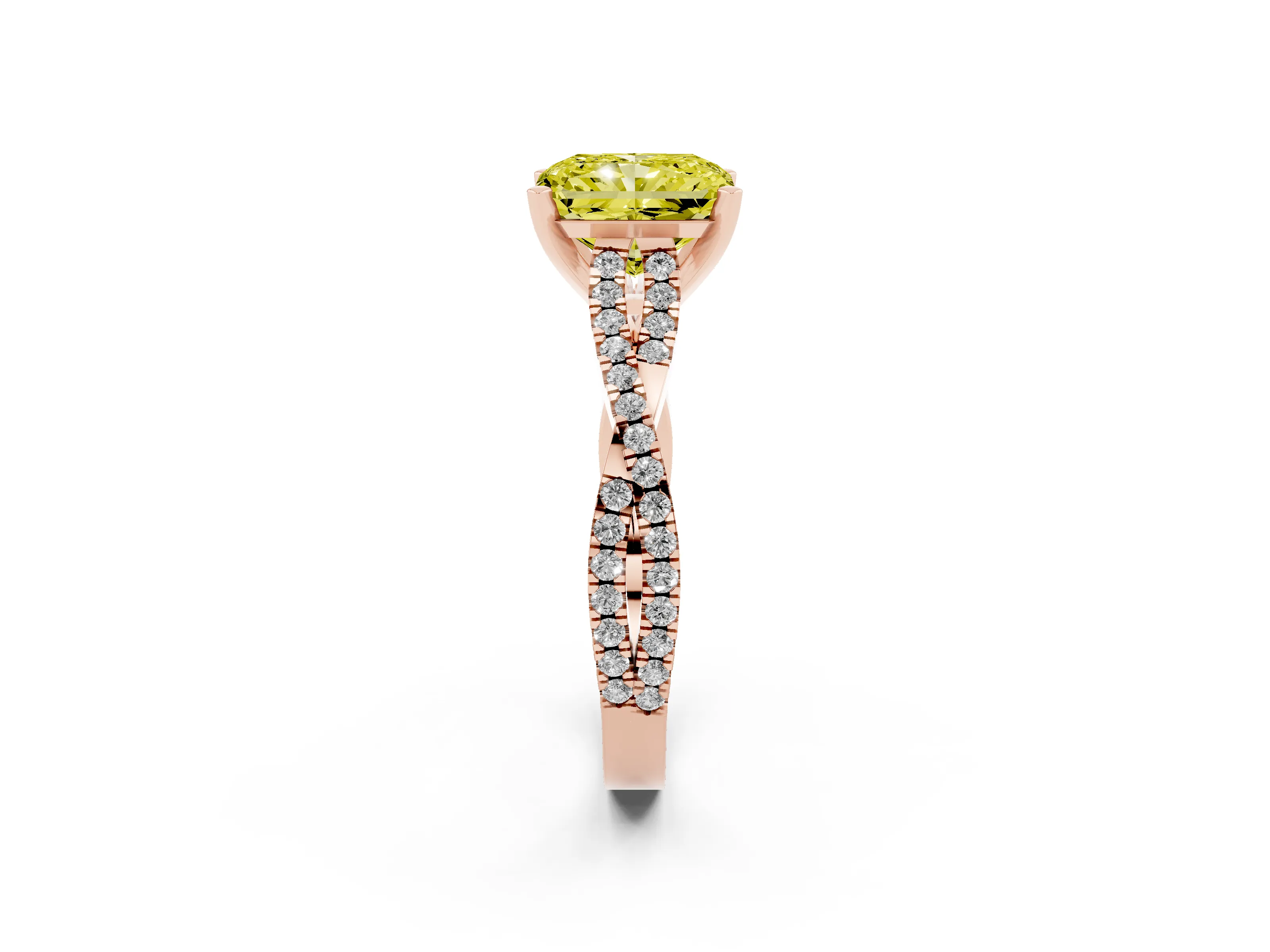 Fancy Yellow Radiant Cut Diamond Solitaire Engagement Ring Set in Rose gold with Twisted Pavé Band and Prong Setting
