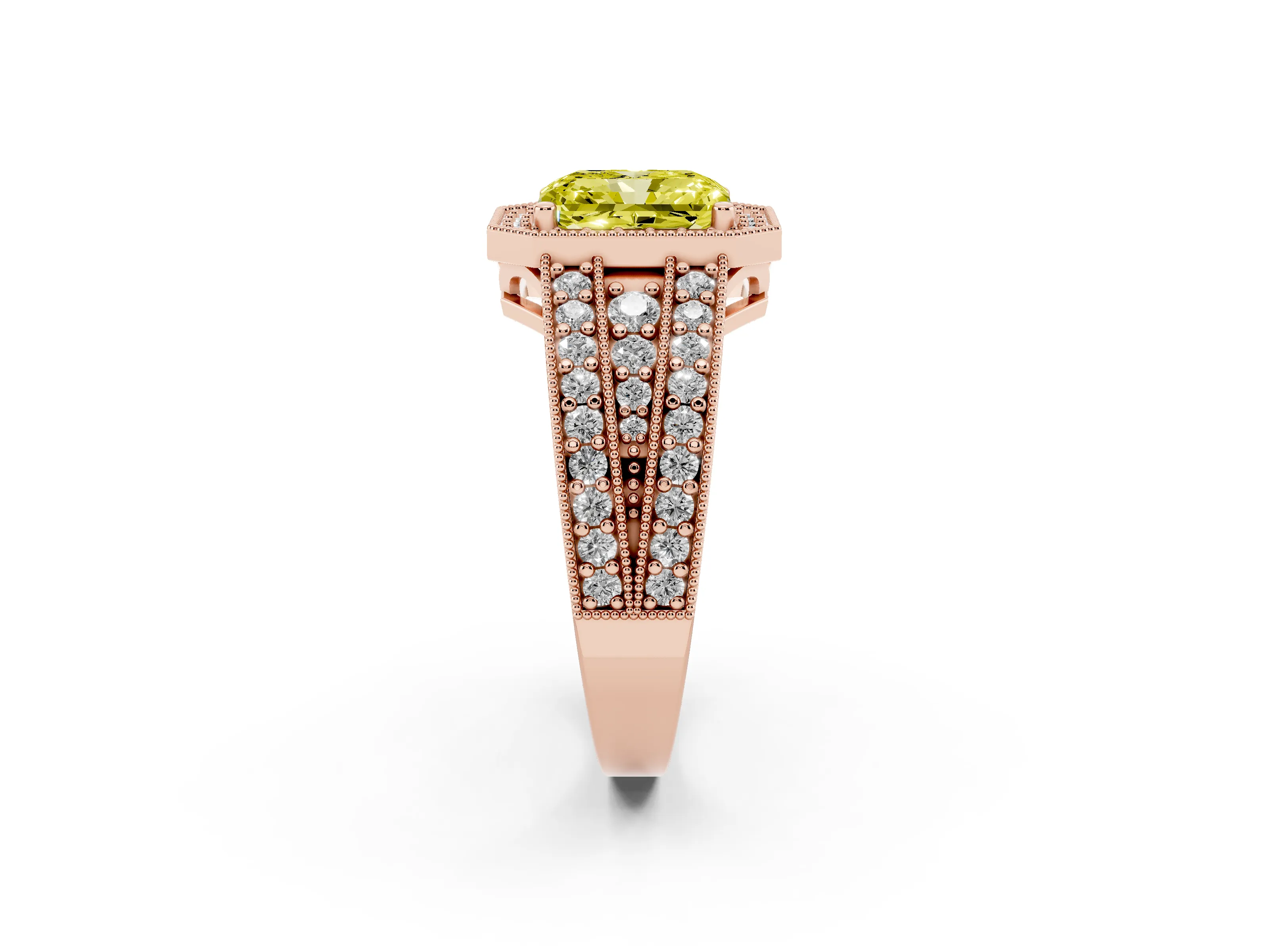 Fancy Yellow Radiant Cut Diamond Halo Ring Set in Rose gold with Accent Split Shank and Prong Setting