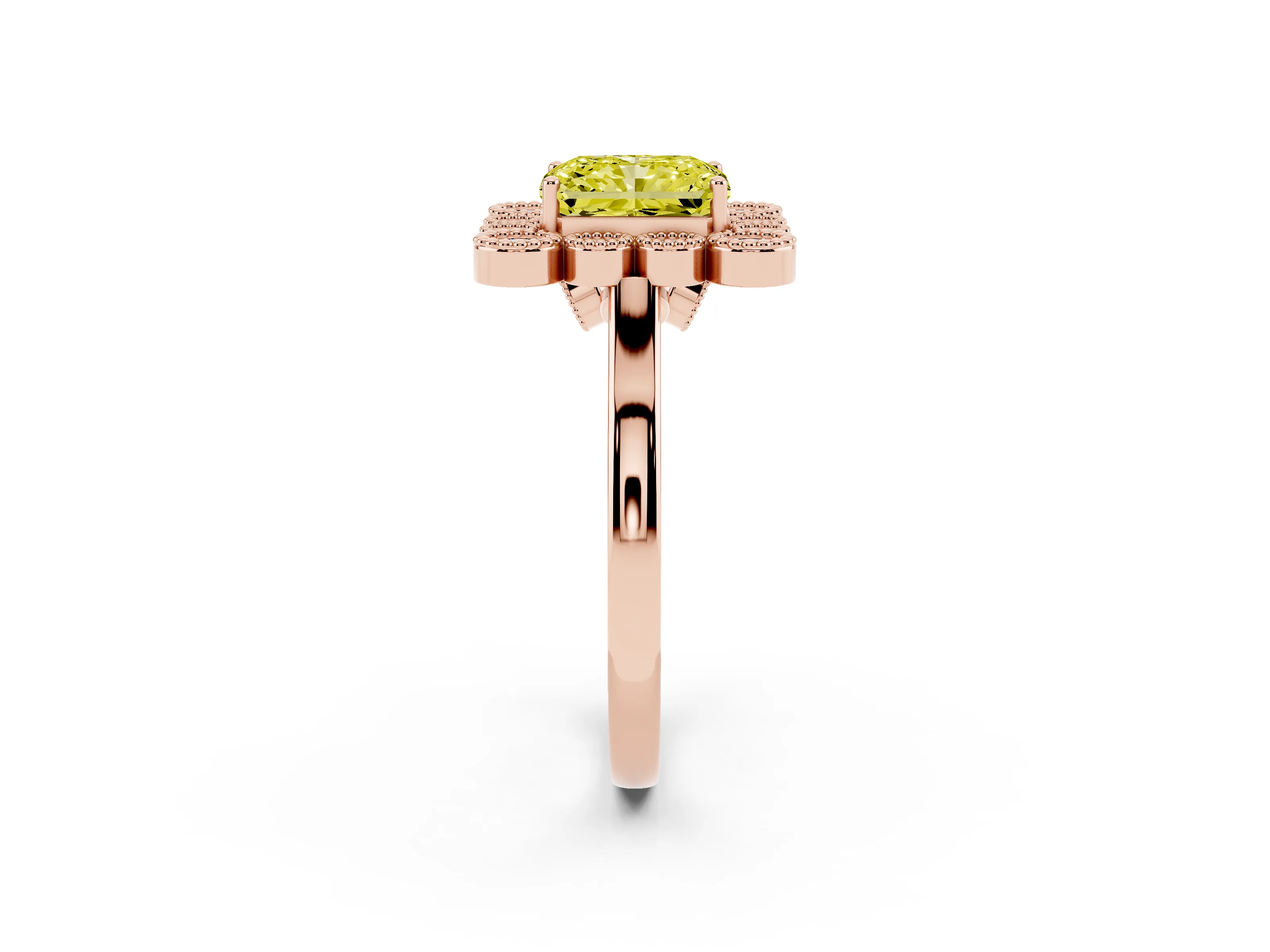 Fancy Yellow Radiant Cut Diamond Cluster Halo Ring Set in Rose gold with Milgrain Bezel Accents and Plain Band