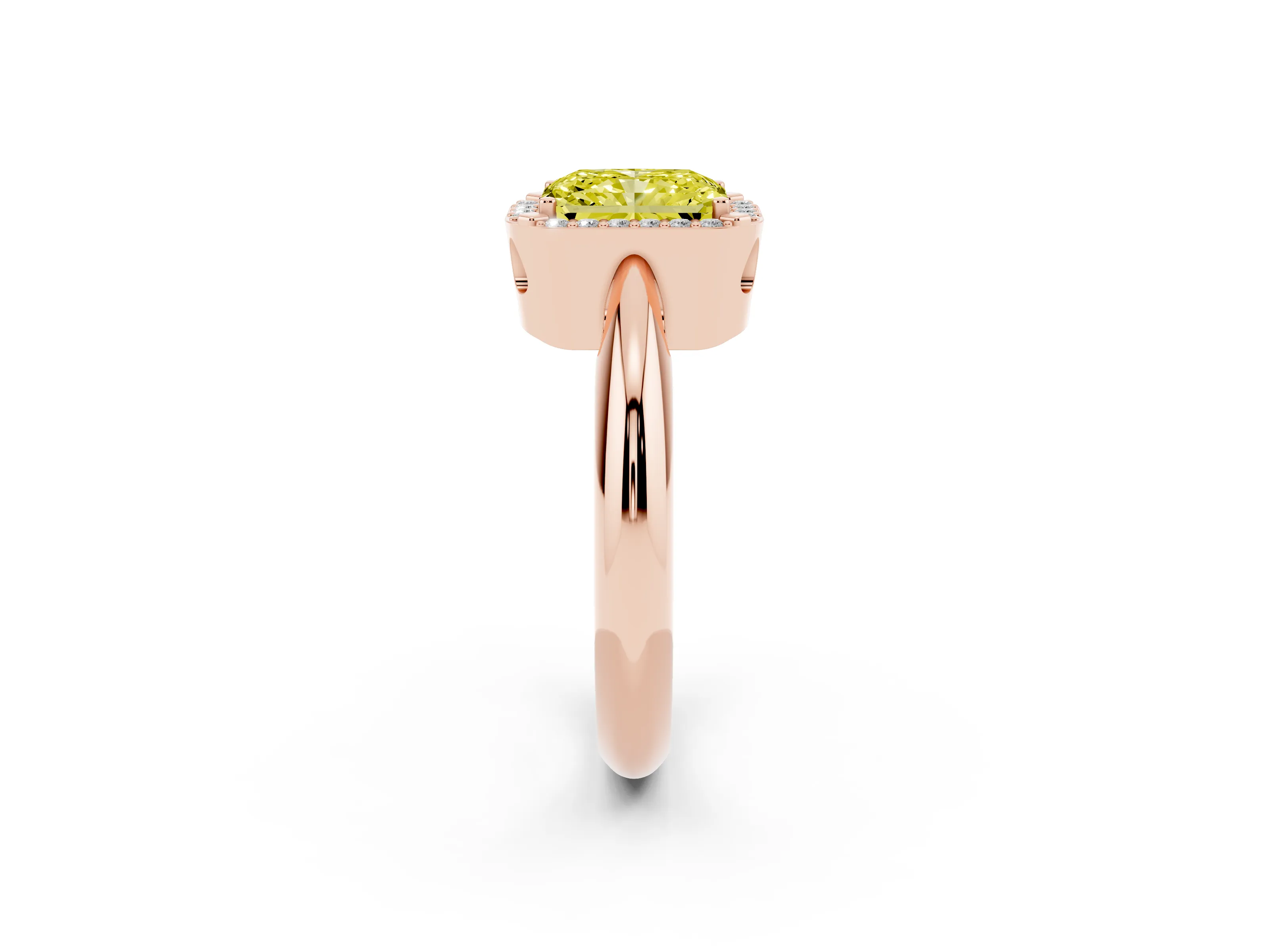 Fancy Yellow Radiant Cut Diamond Halo Engagement Ring Set in Rose gold with Plain Split Shank and Prong Setting