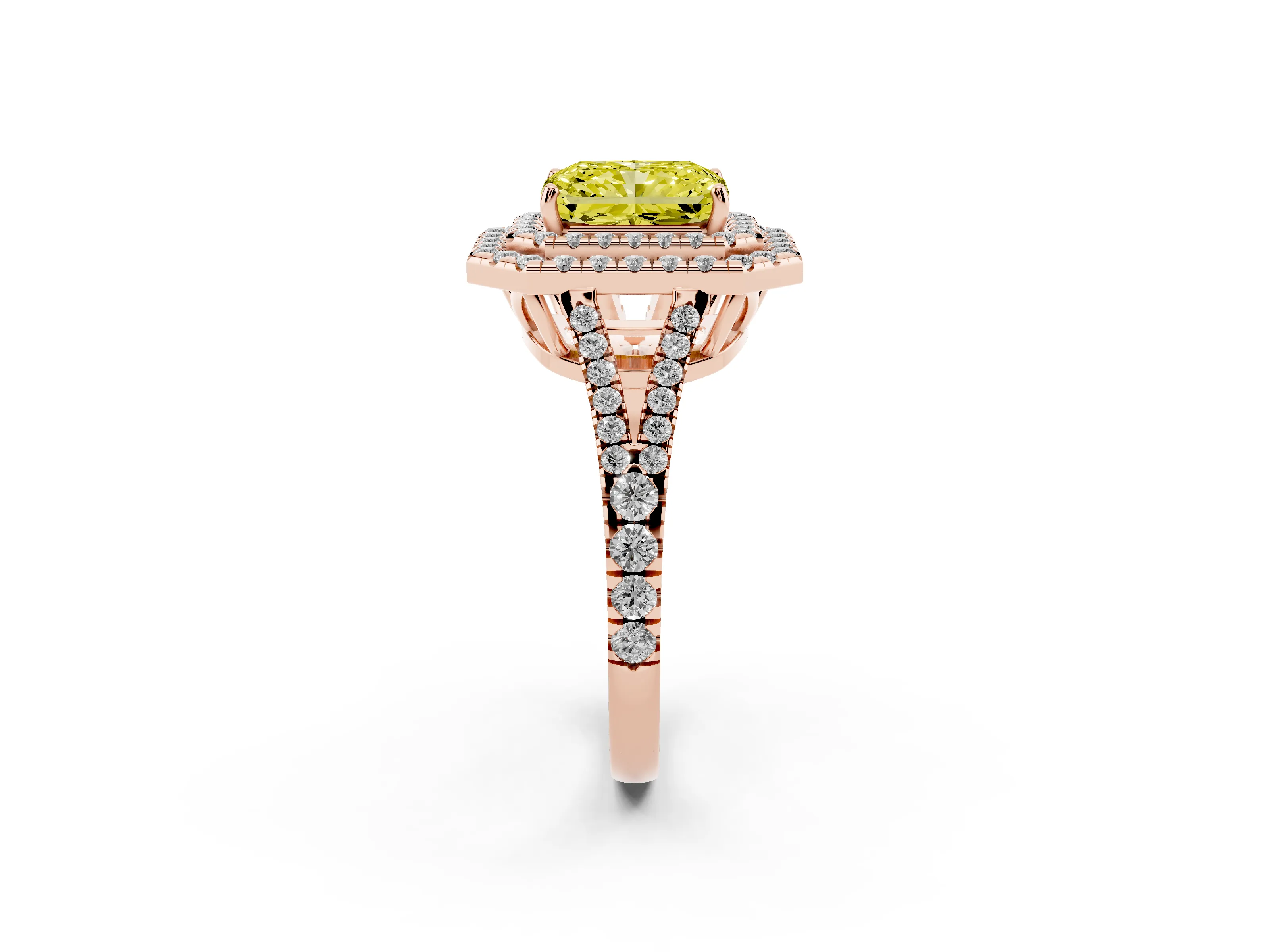 Fancy Yellow Radiant Cut Diamond Double Halo Ring Set in Rose gold with Pavé Band