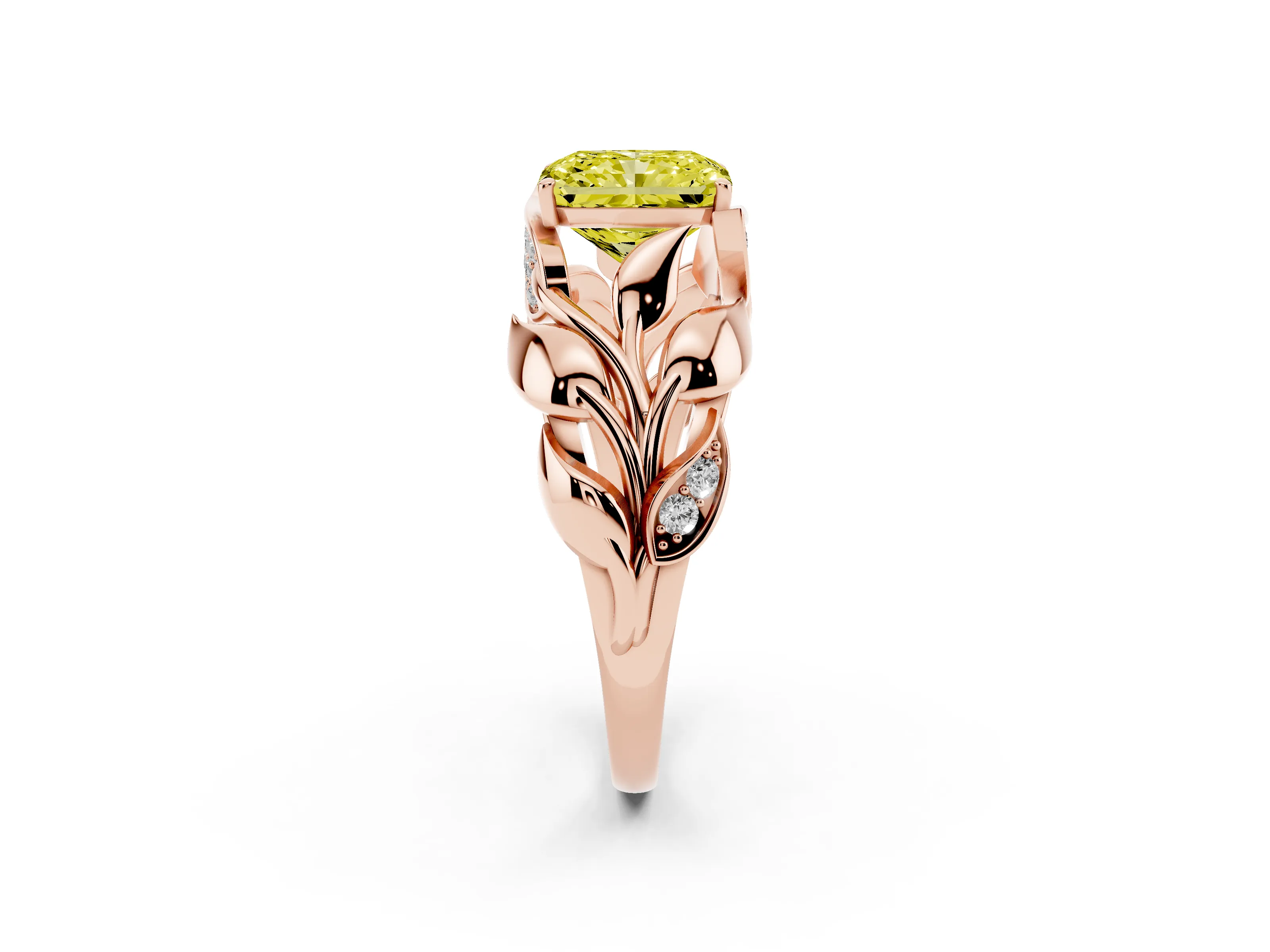 Fancy Yellow Radiant Cut Diamond Leaf-Inspired Engagement Ring Set in Rose gold with Round Accents
