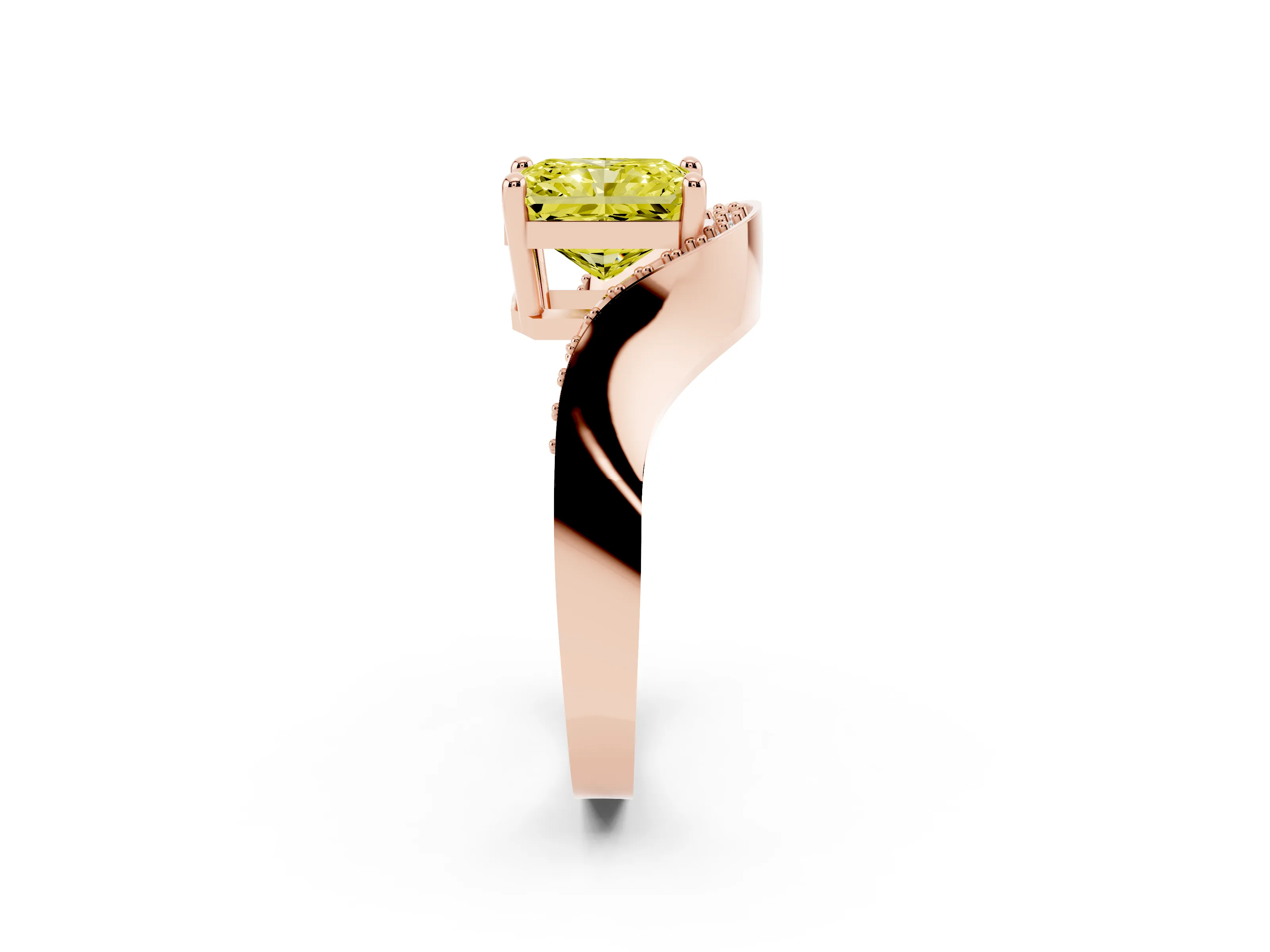 Fancy Yellow Radiant Cut Diamond Solitaire Engagement Ring Set in Rose gold with Pavé Shoulders