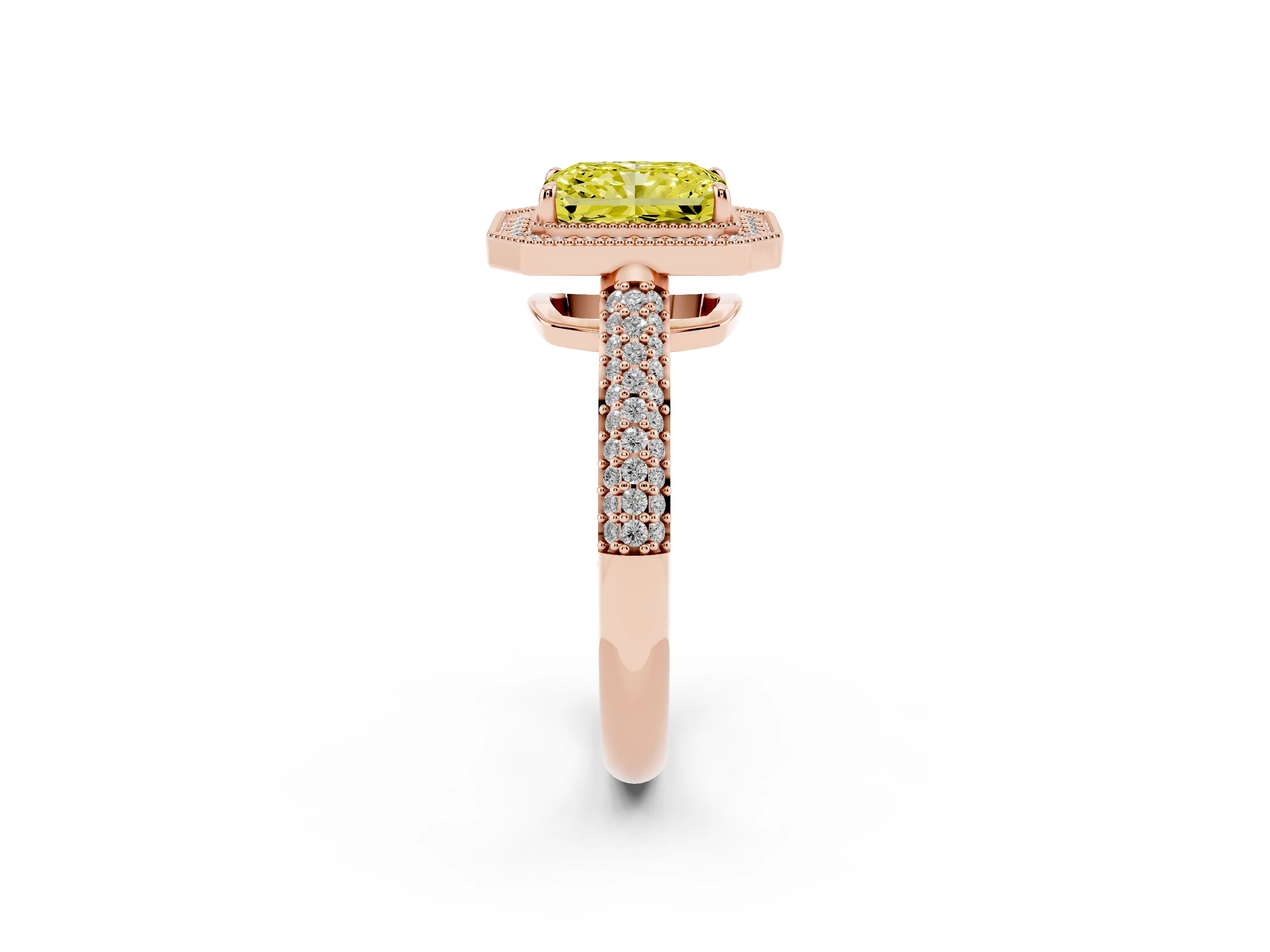 Fancy Yellow Radiant Cut Diamond Halo Pavé Band Set in Rose gold with Prong Setting