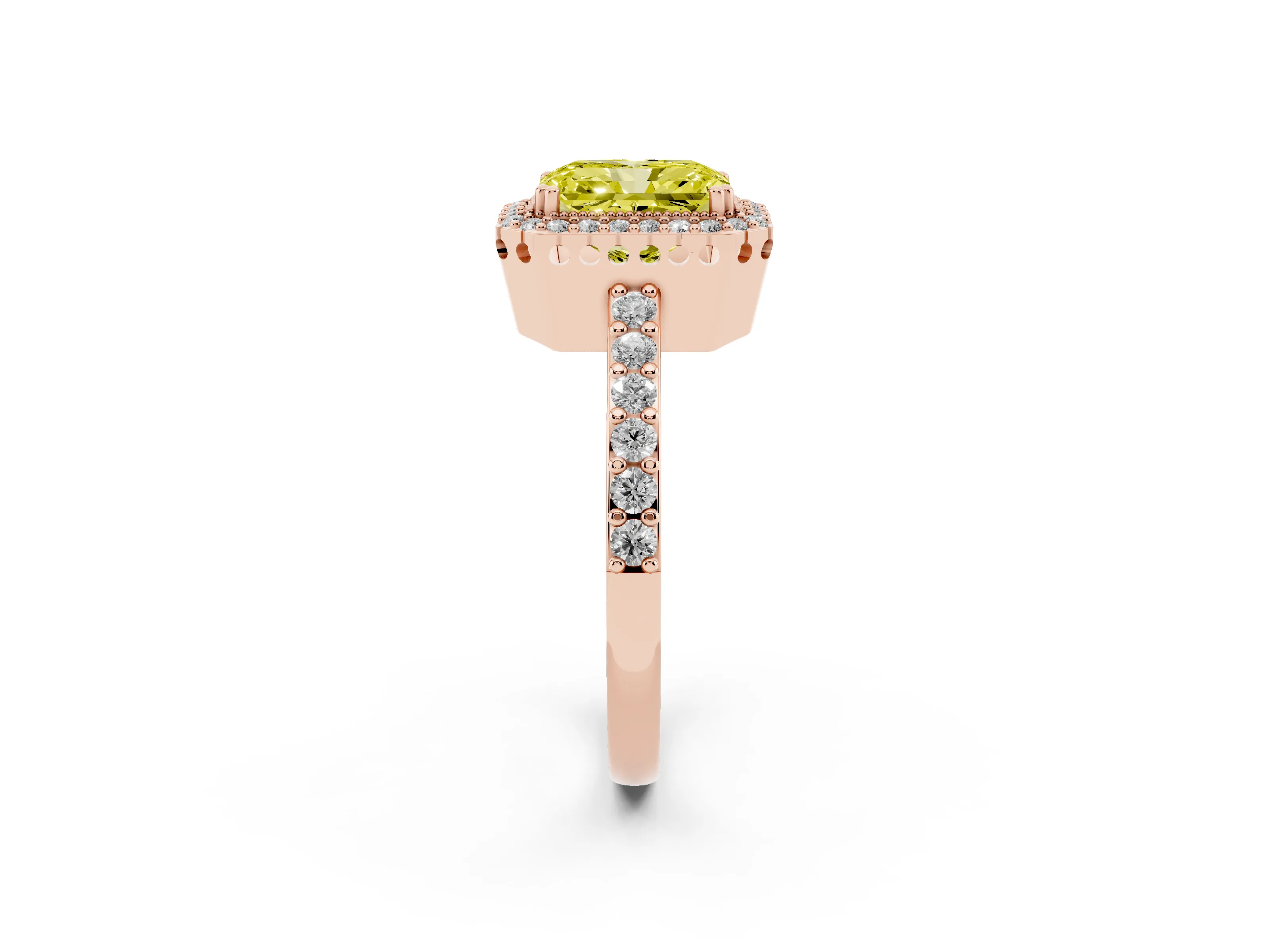 Fancy Yellow Radiant Cut Diamond Halo Engagement Ring Set in Rose gold with Milgrain Detail and Pavé Band
