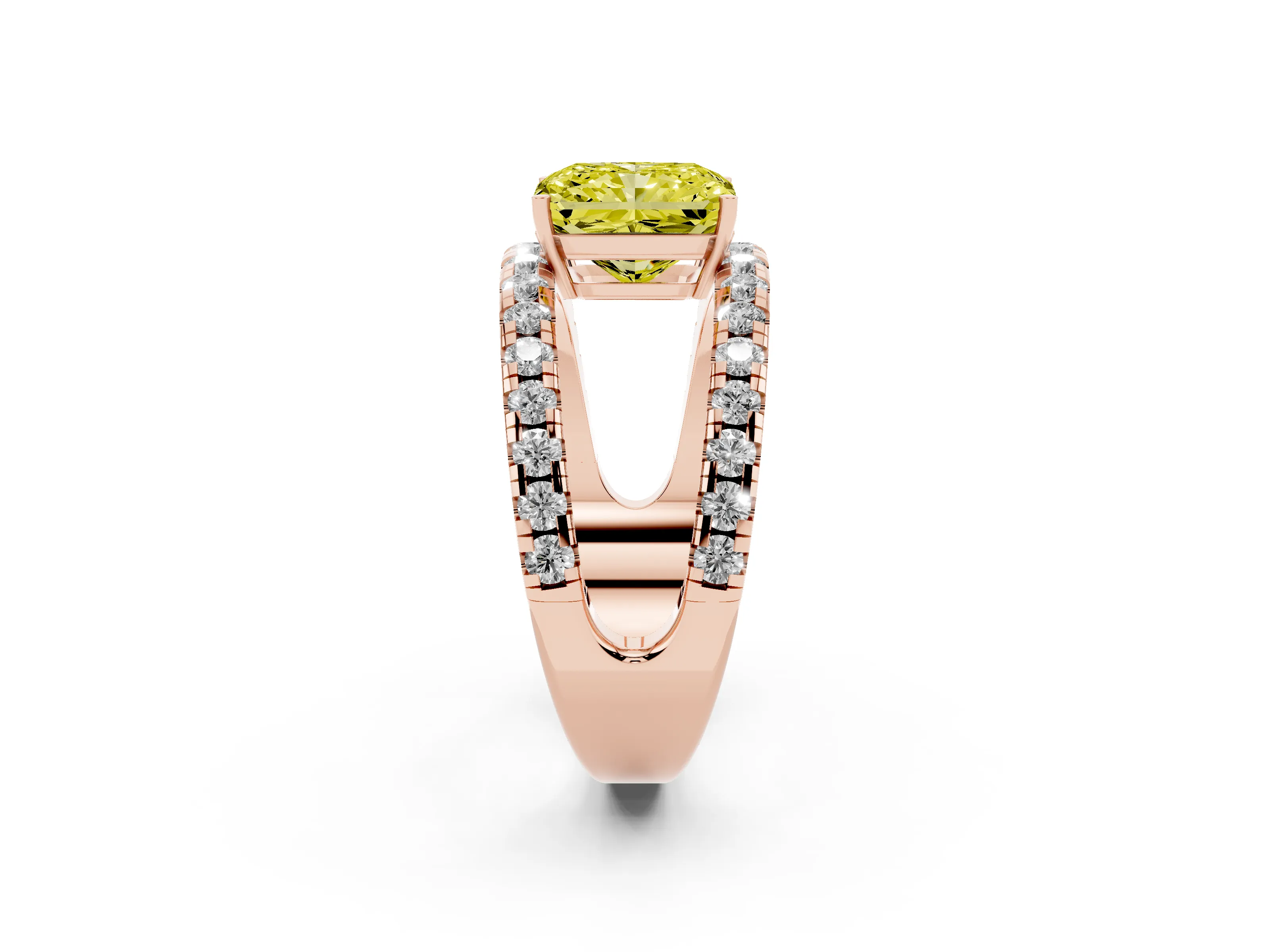 Fancy Yellow Radiant Cut Diamond Split Shank Pavé Solitaire Ring Set in Rose gold with Open Shank Design