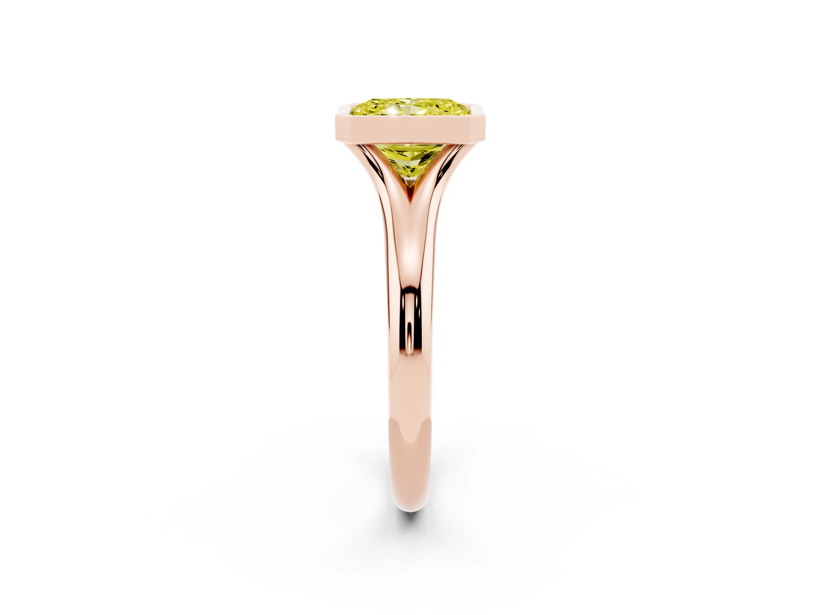 Fancy Yellow Bezel Set Radiant Cut Diamond Solitaire Ring Set in Rose gold with Smooth Band