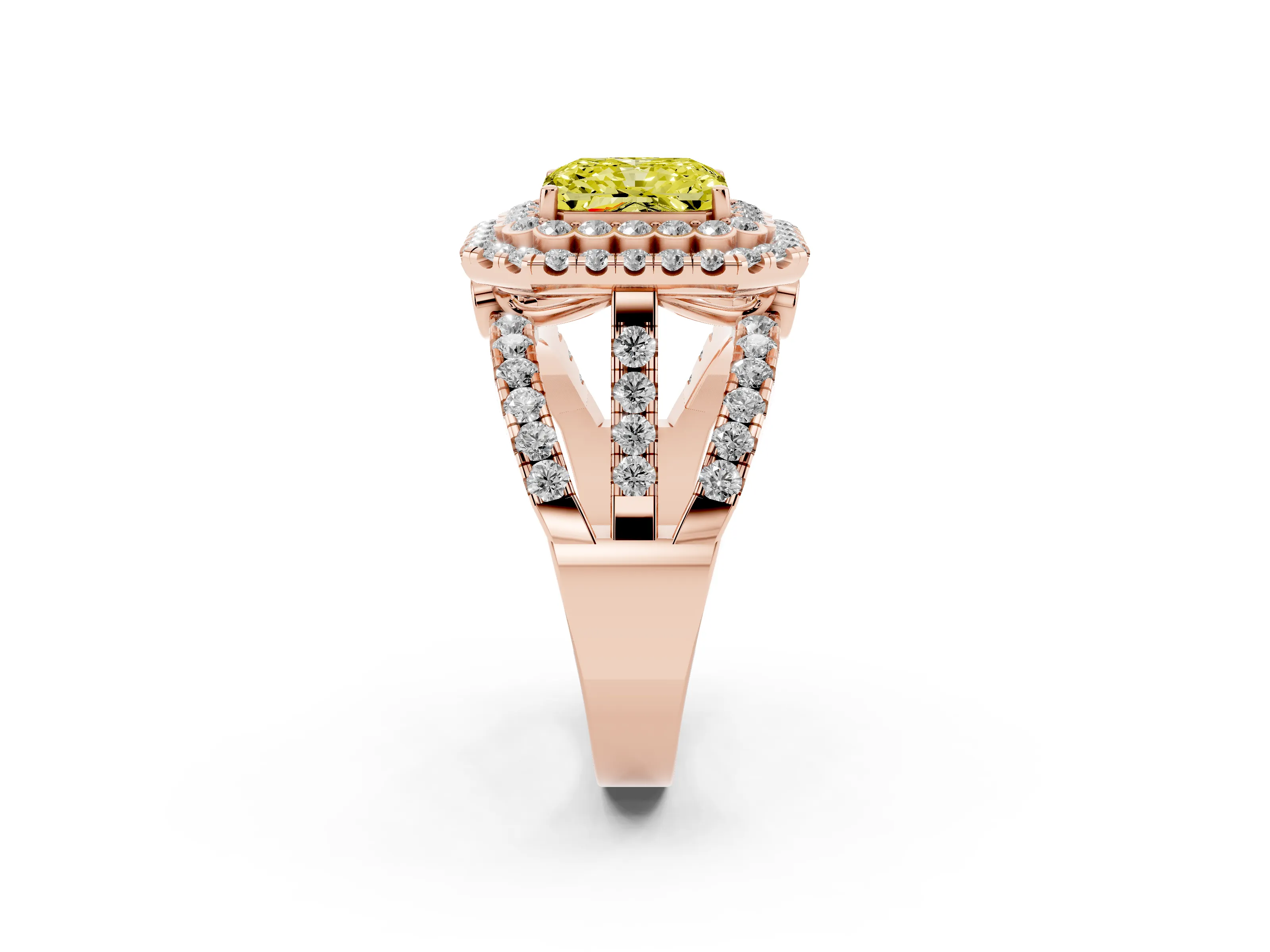 Fancy Yellow Radiant Cut Diamond Double Halo Ring Set in Rose gold with Round Pavé Split Shank