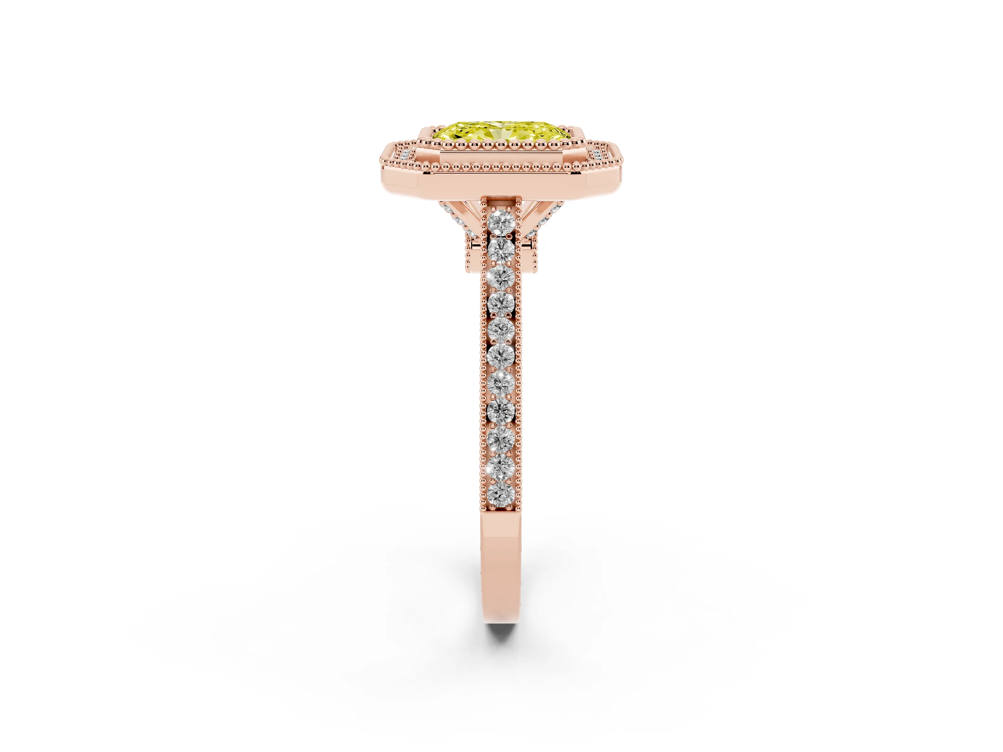 Fancy Yellow Radiant Cut Diamond Halo Ring Set in Rose gold with Milgrain Frame and Pavé Band