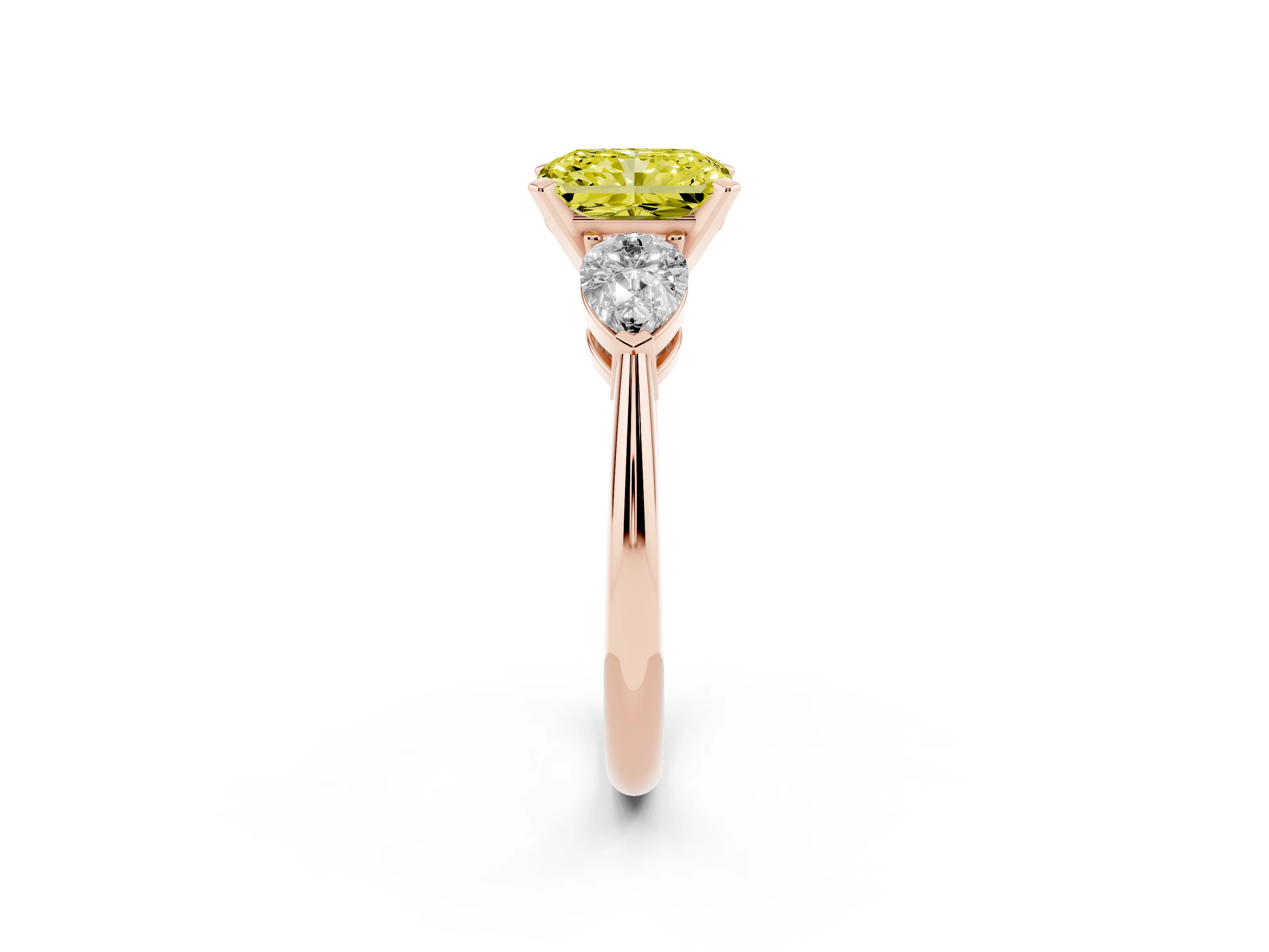 Fancy Yellow Three-Stone Radiant Cut Diamond Ring Set in Rose gold with Pear Side Stones and Prong Setting