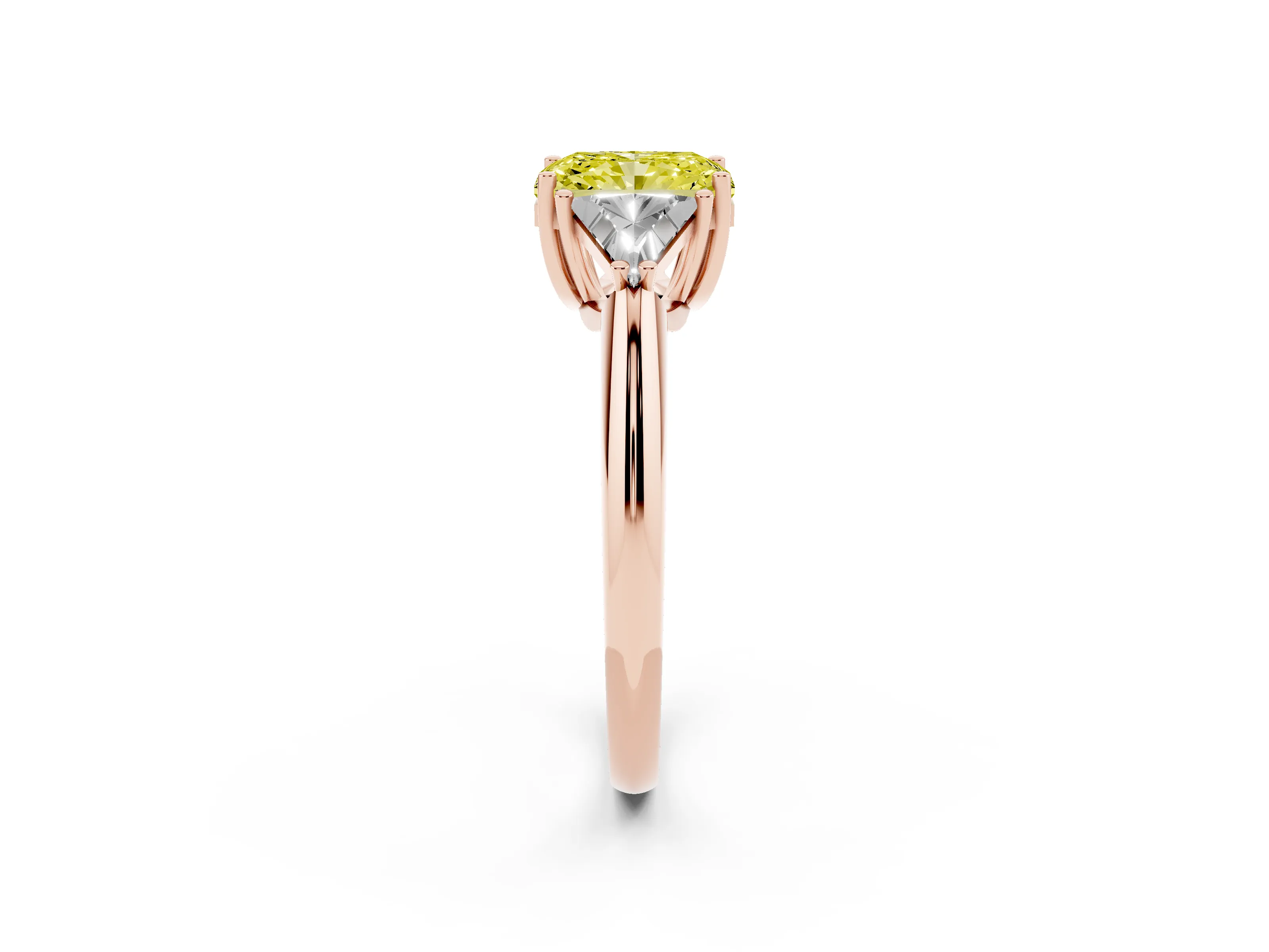 Fancy Yellow Radiant Cut Diamond Three-Stone Engagement Ring Set in Rose gold with Trillion Side Stones