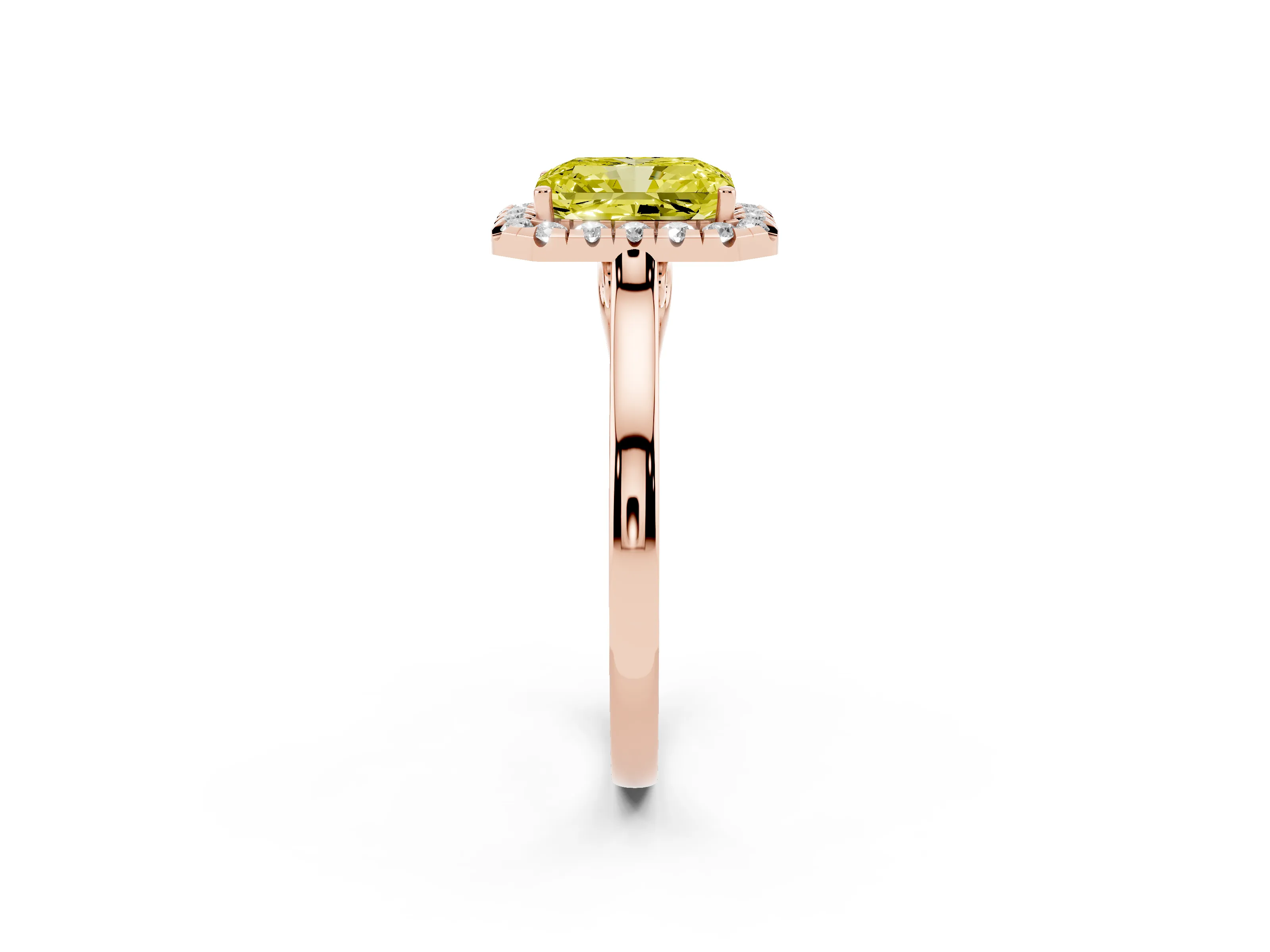 Fancy Yellow Radiant Cut Halo Round Diamond Solitaire Ring Set in Rose gold with Pavé Band and Prong Setting