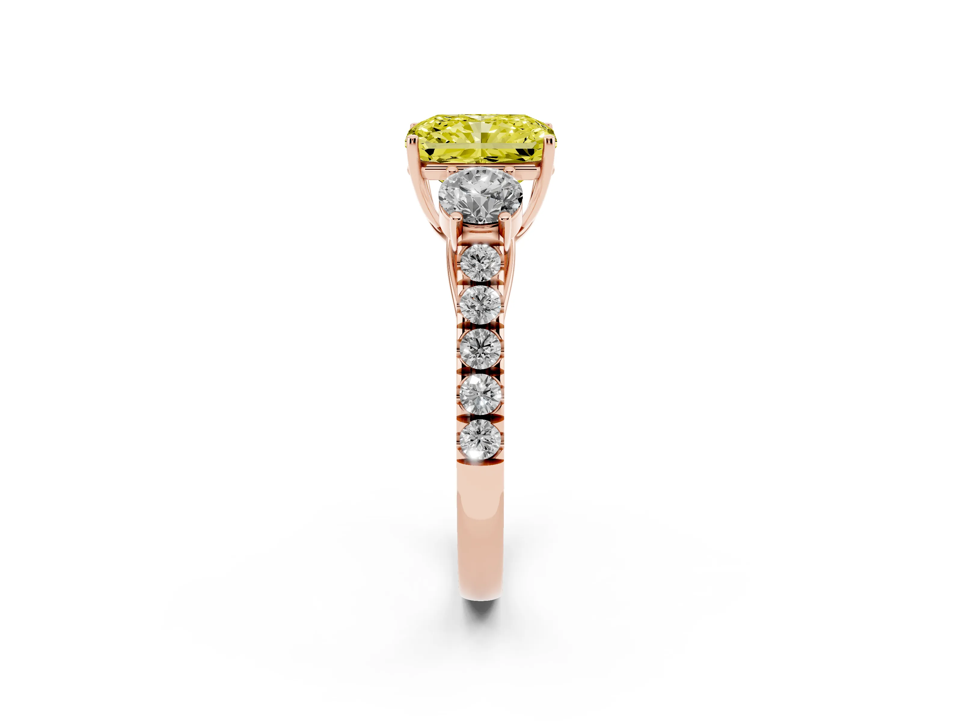 Fancy Yellow Radiant Cut Diamond Three-Stone Ring Set in Rose gold with Round Side Stones and Delicate Pavé Band