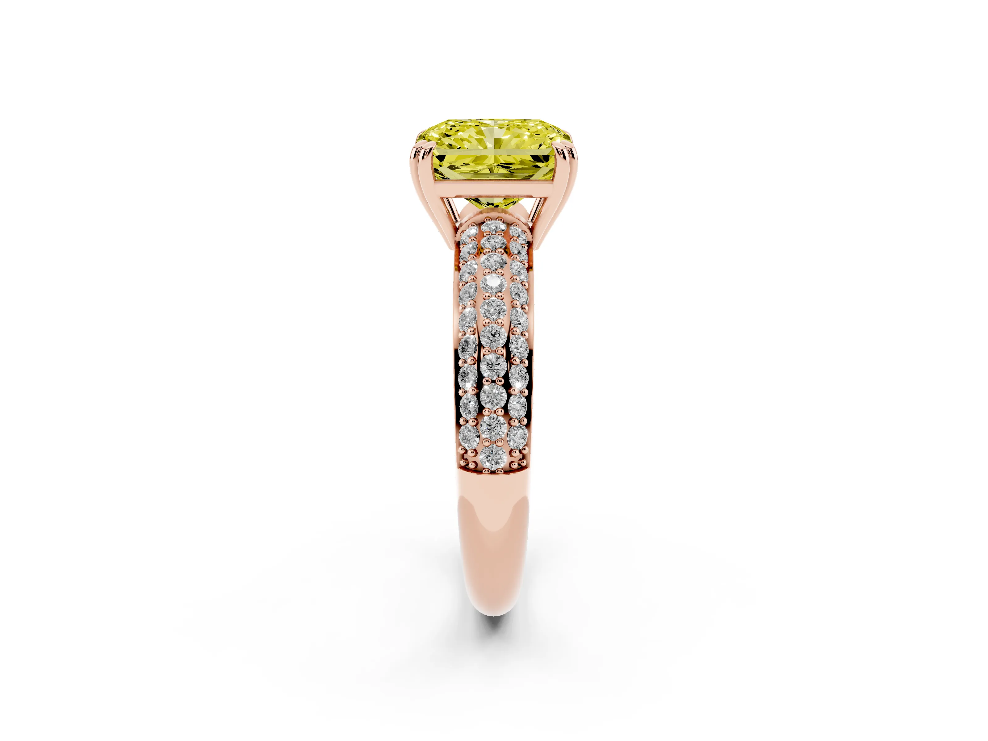 Fancy Yellow Radiant Cut Diamond Solitaire Ring Set in Rose gold with Multi-Row Round Pavé Band and Prong Setting