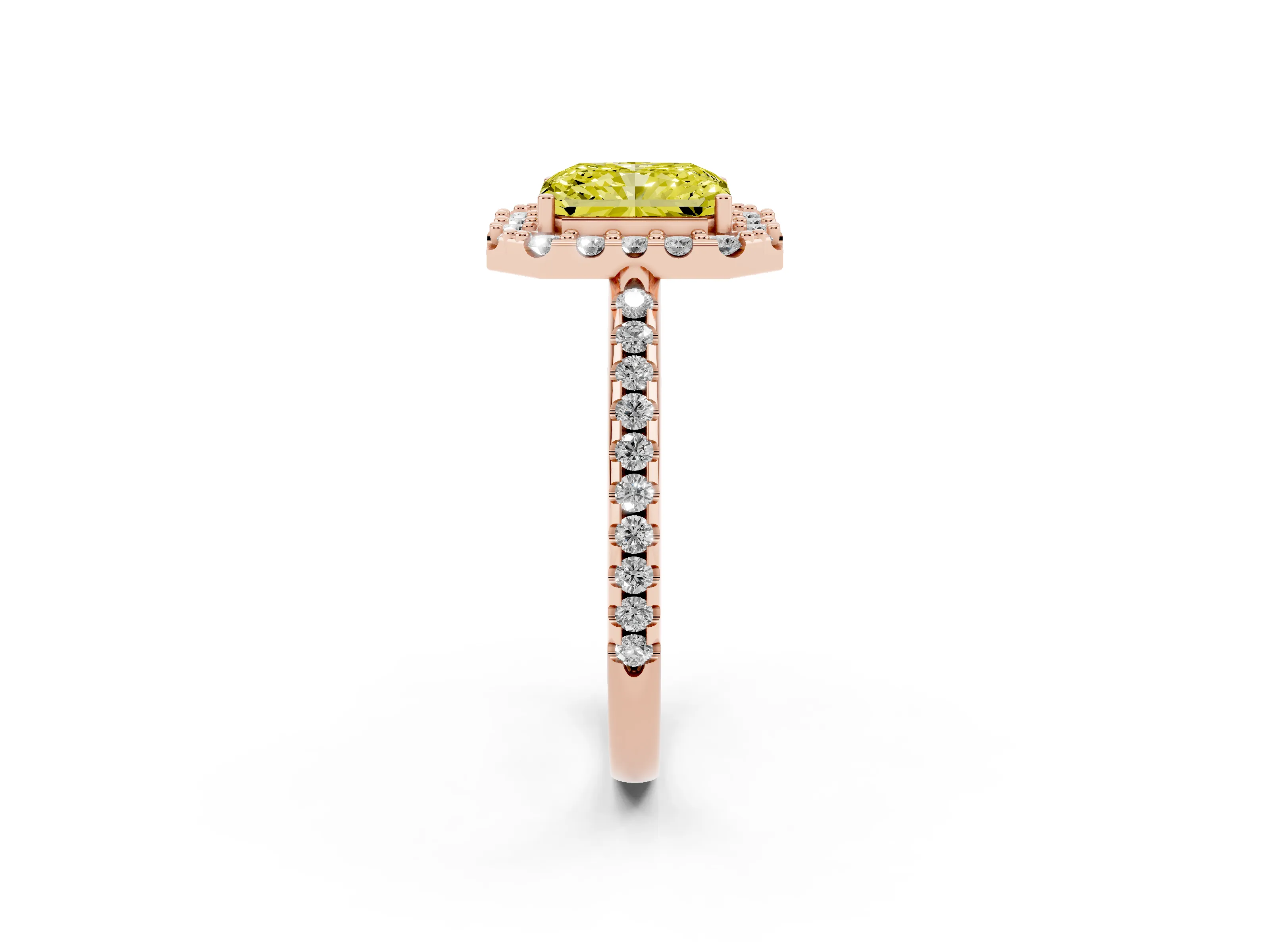 Fancy Yellow Radiant Cut Diamond Pavé Halo Ring Set in Rose gold with Prong Setting