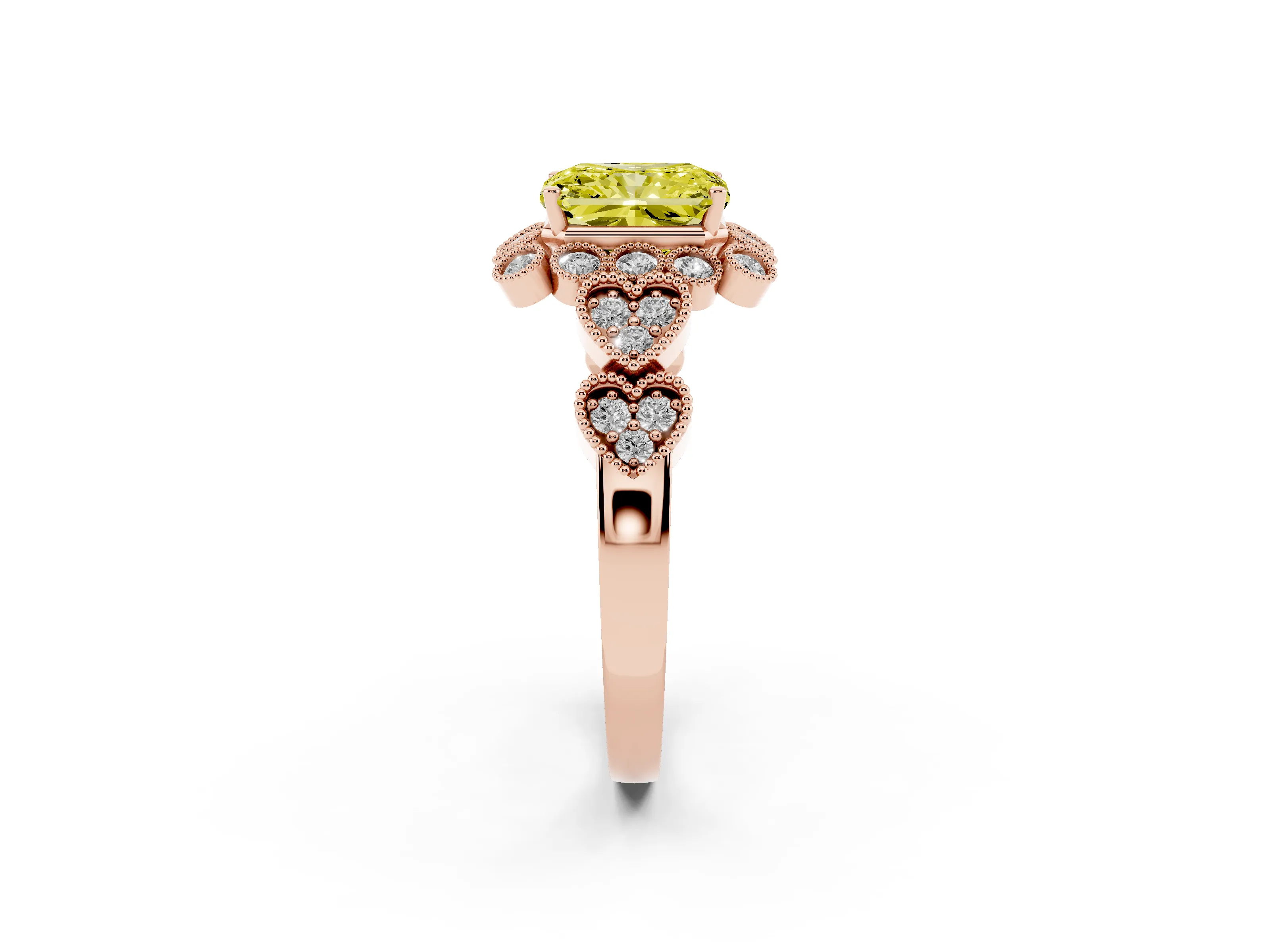 Fancy Yellow Radiant Cut Diamond Solitaire Ring Set in Rose gold with Milgrain Pavé Heart Band