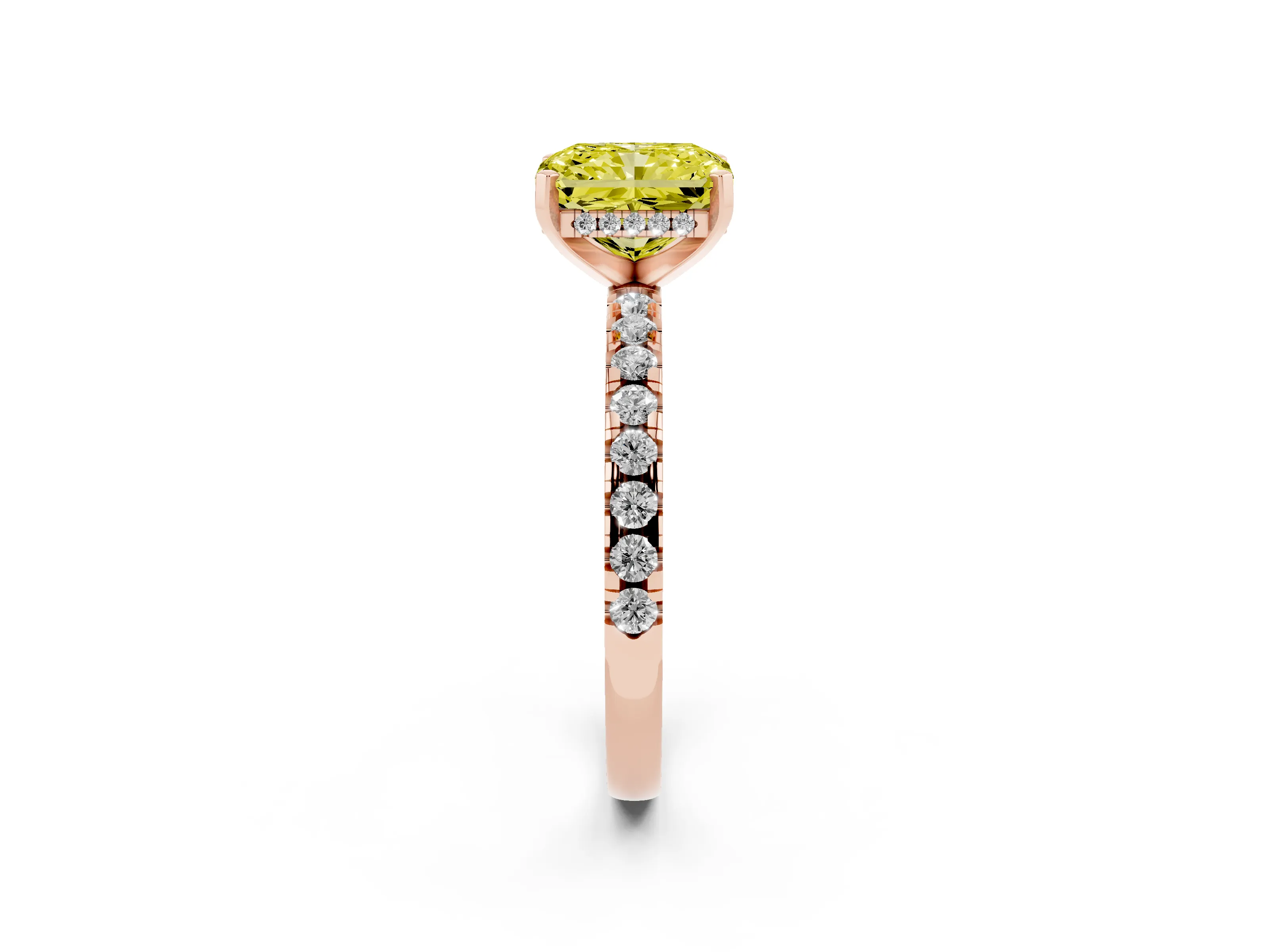Fancy Yellow Radiant Cut Diamond Pavé Solitaire Ring Set in Rose gold with Round Band Accents and Prong Setting
