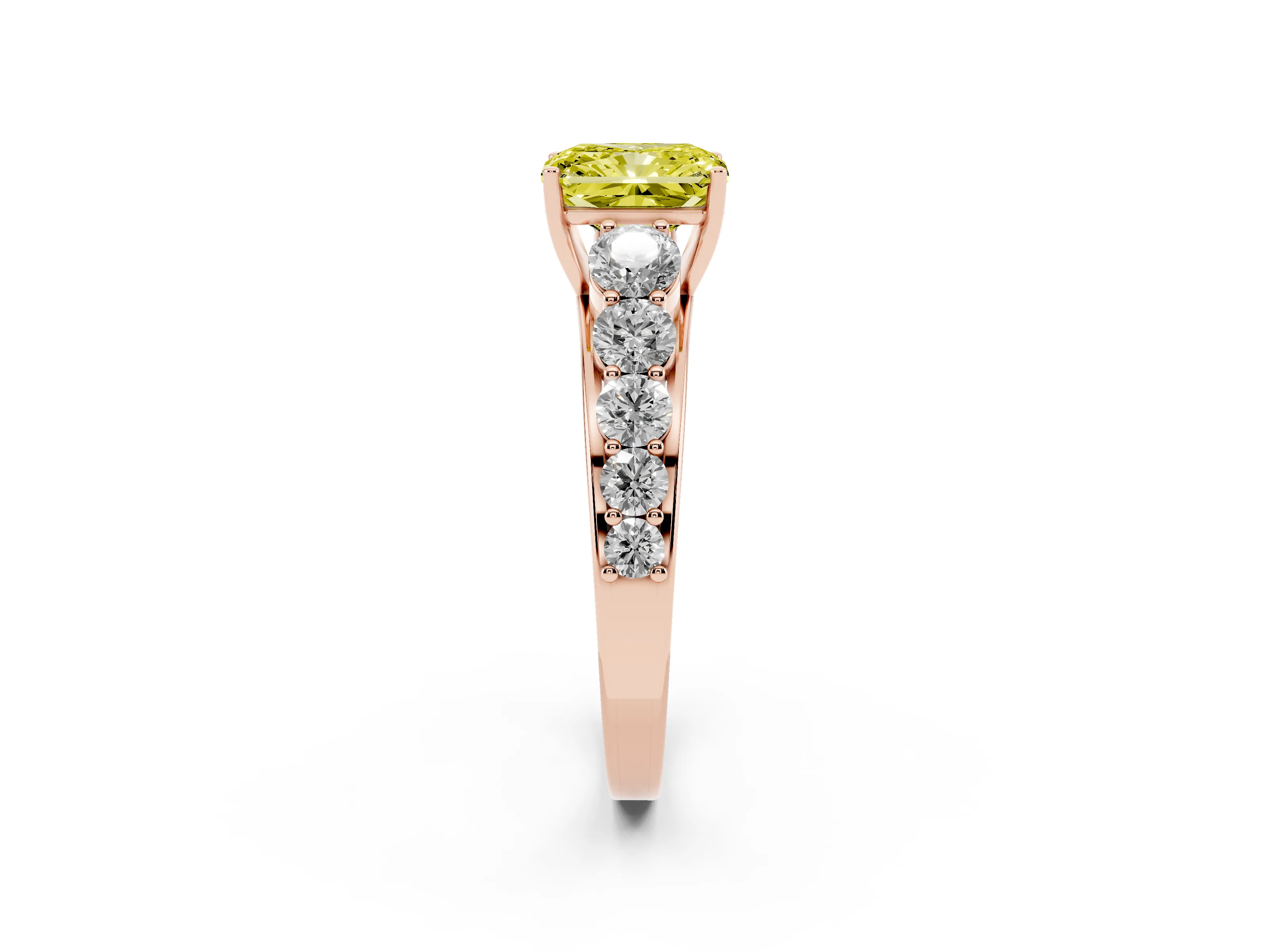 Fancy Yellow Radiant Cut Diamond Solitaire Ring Set in Rose gold with Pavé-Set Band and Prong Setting